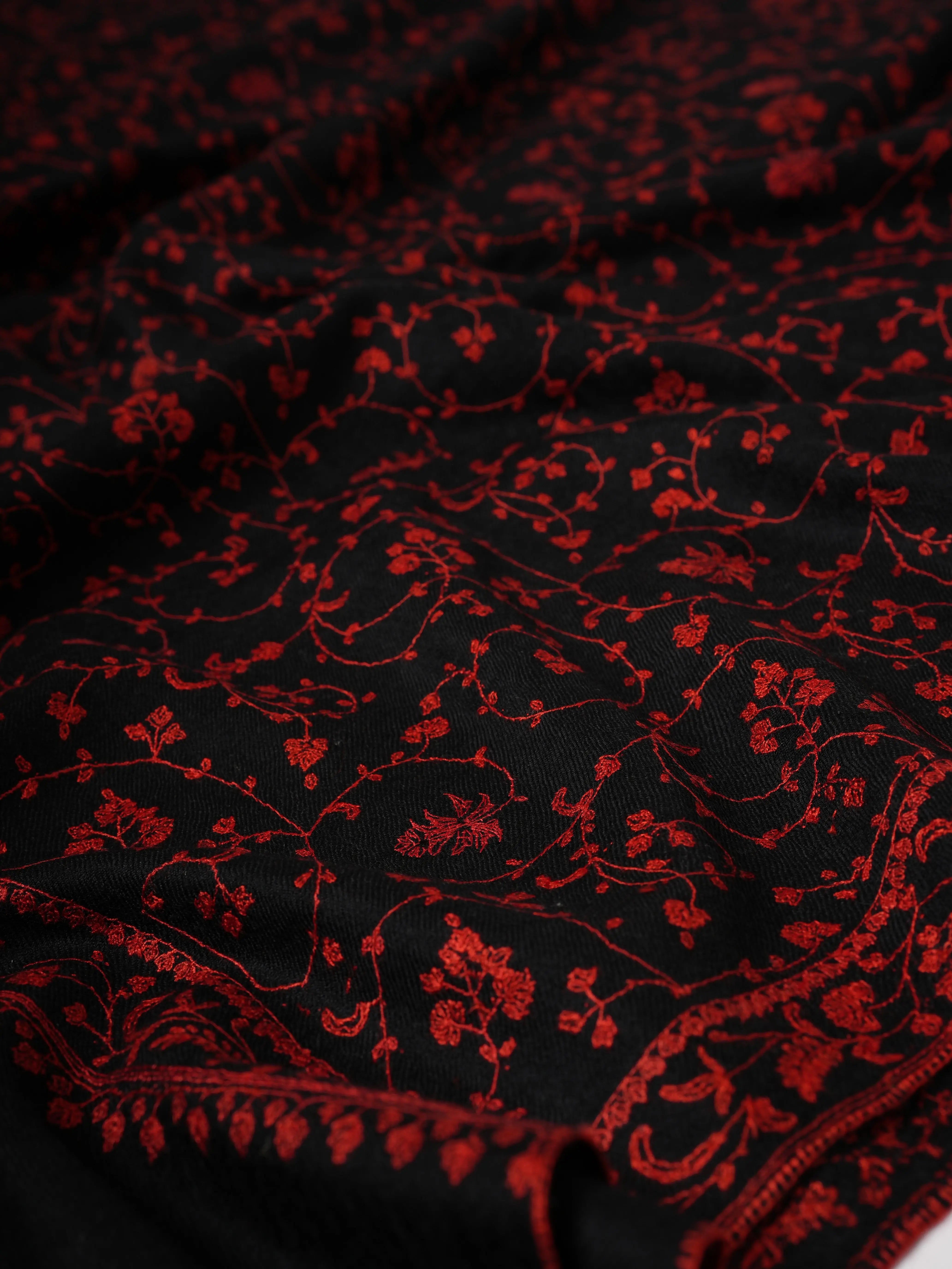 Black Handloomed Pashmina Shawl with Red Embroidery Shahkaar