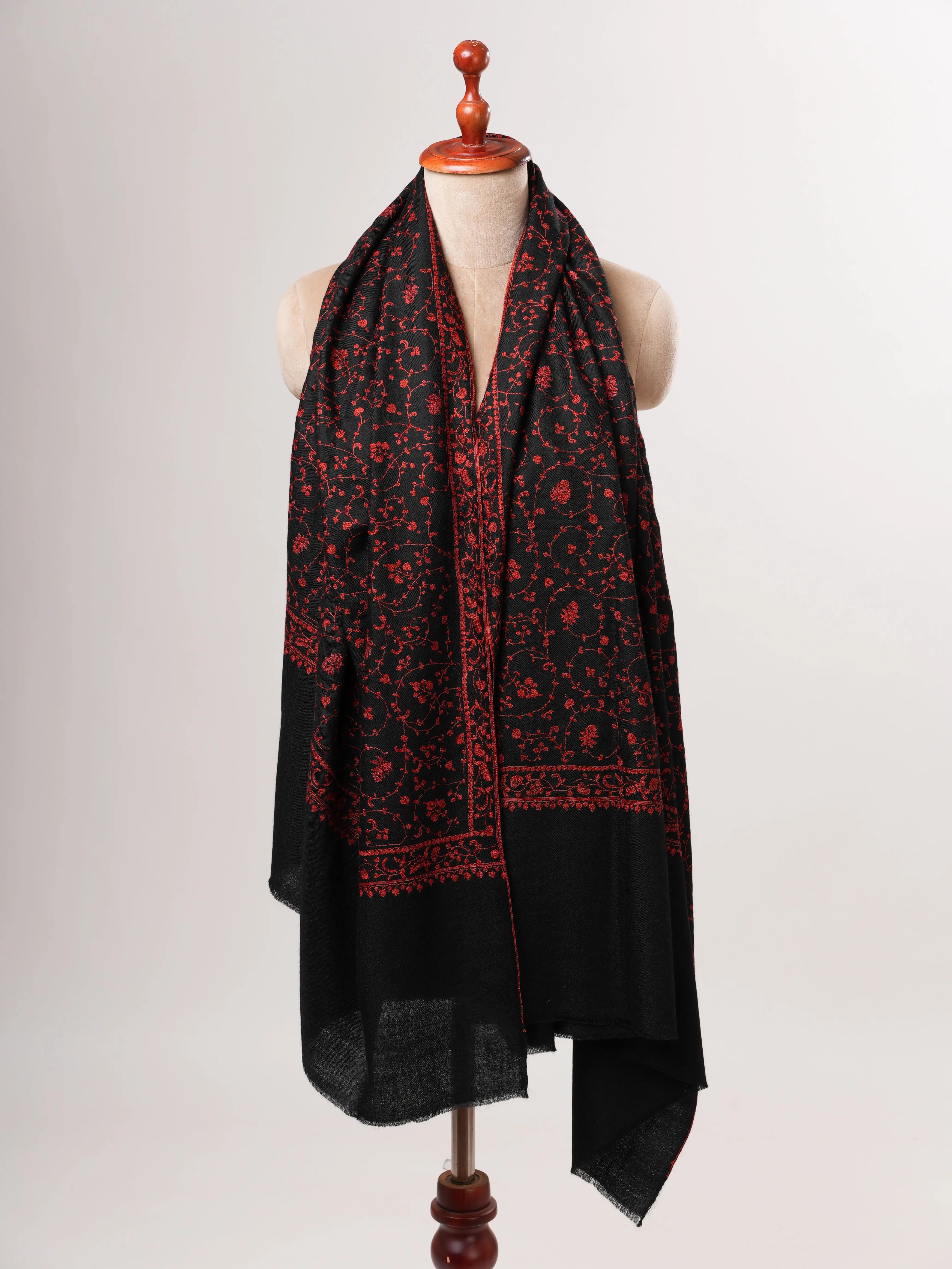 Black Handloomed Pashmina Shawl with Red Embroidery Shahkaar