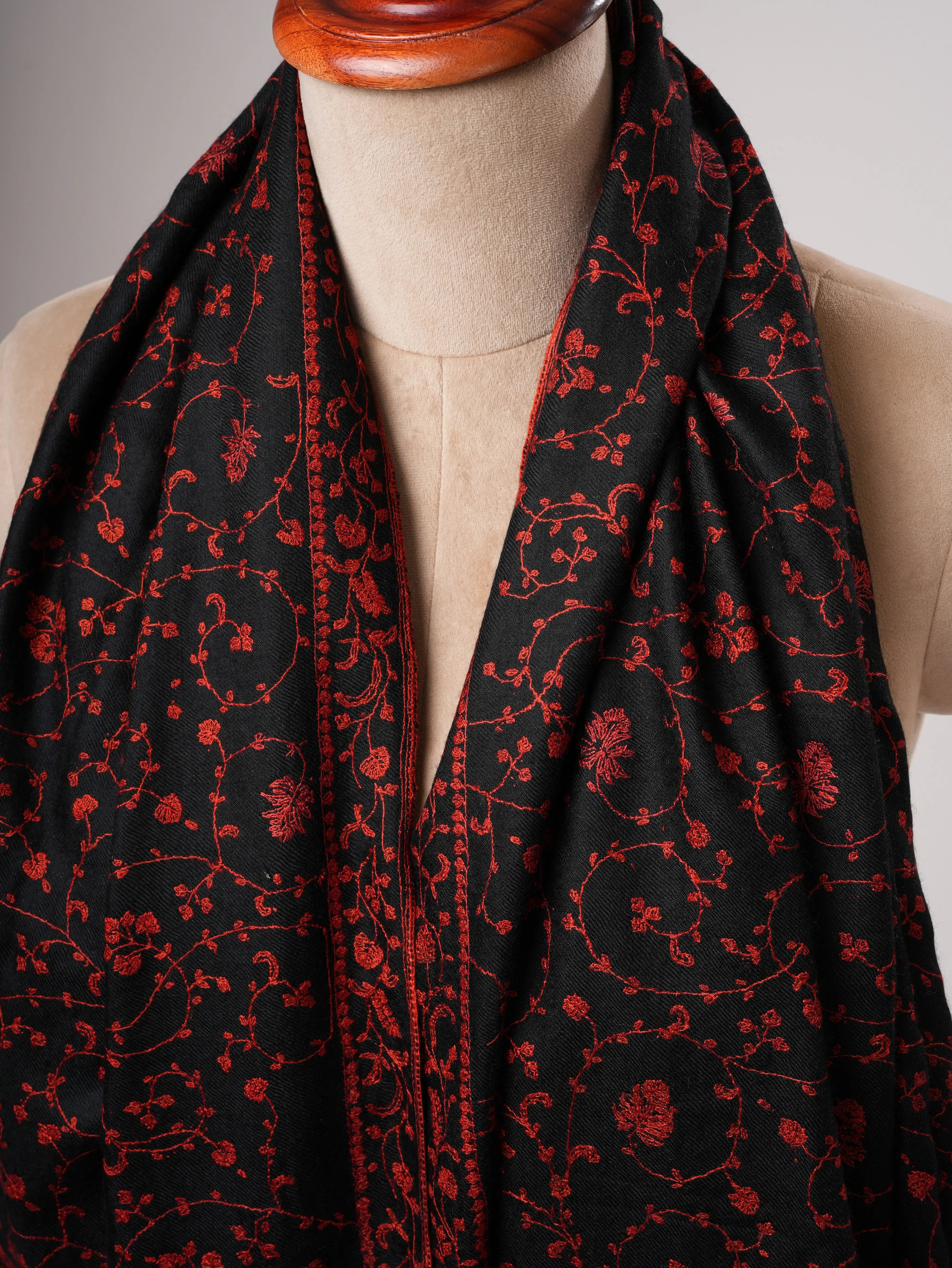 Black Handloomed Pashmina Shawl with Red Embroidery Shahkaar