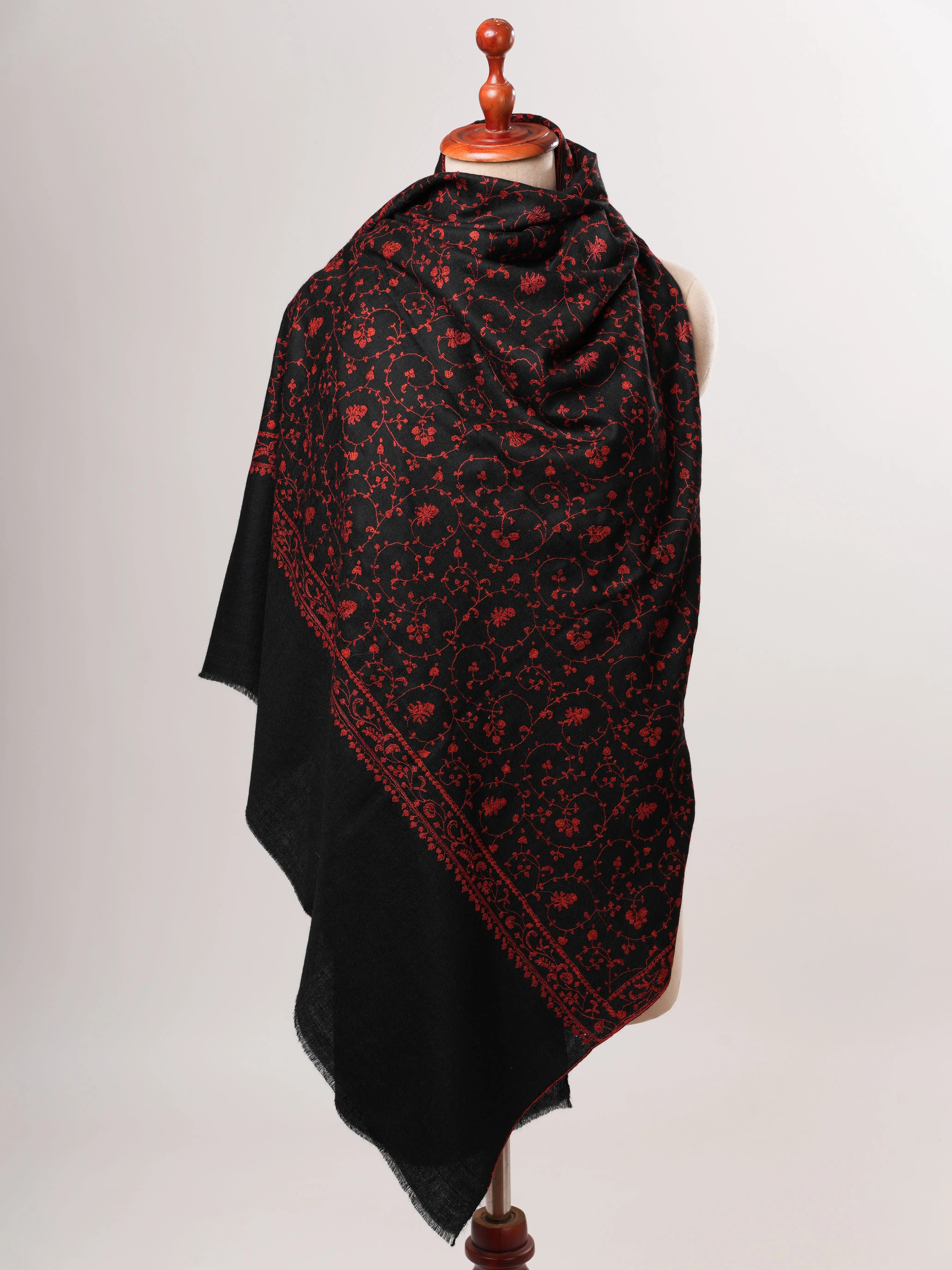 Black Handloomed Pashmina Shawl with Red Embroidery Shahkaar