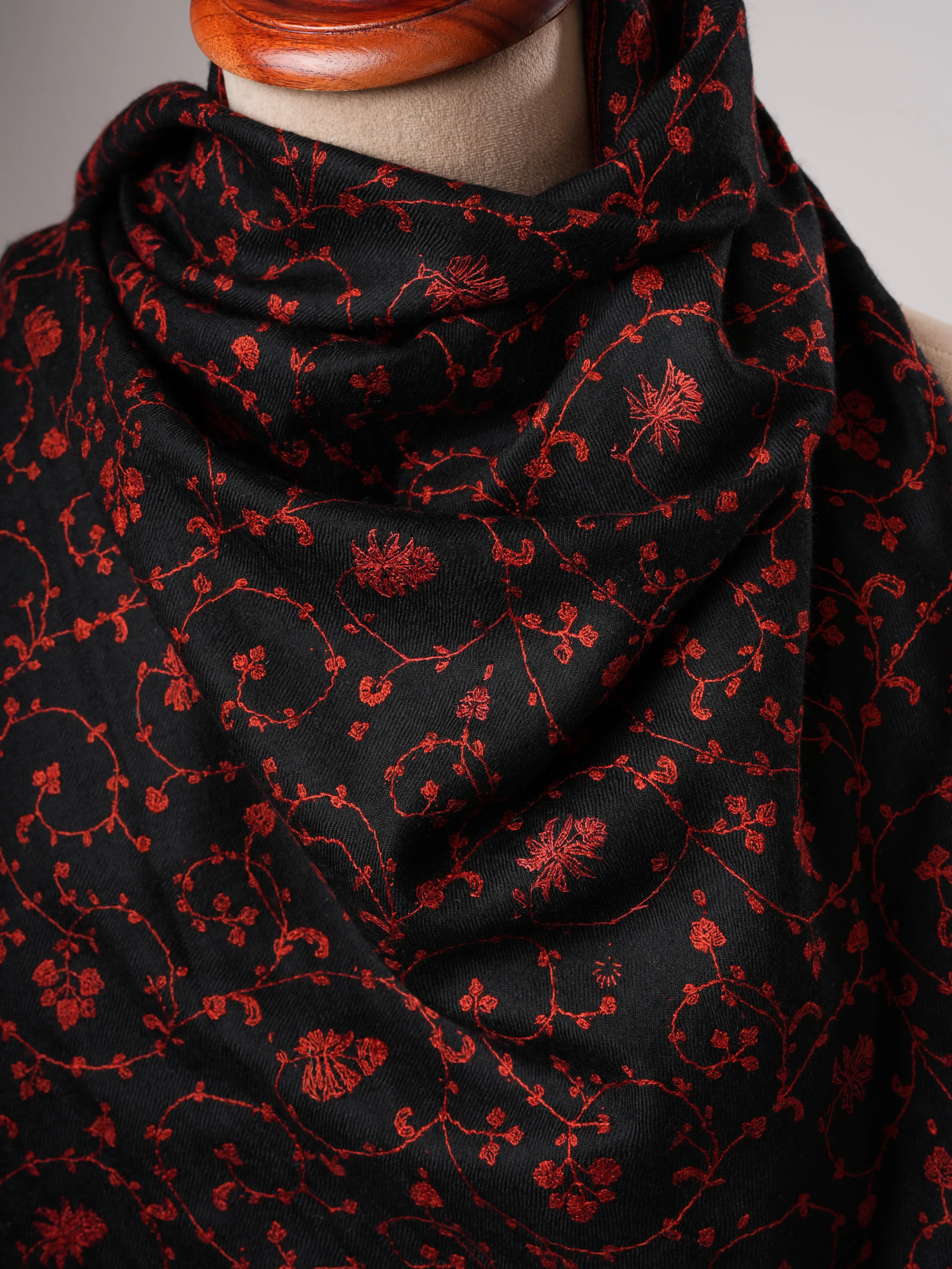 Black Handloomed Pashmina Shawl with Red Embroidery Shahkaar