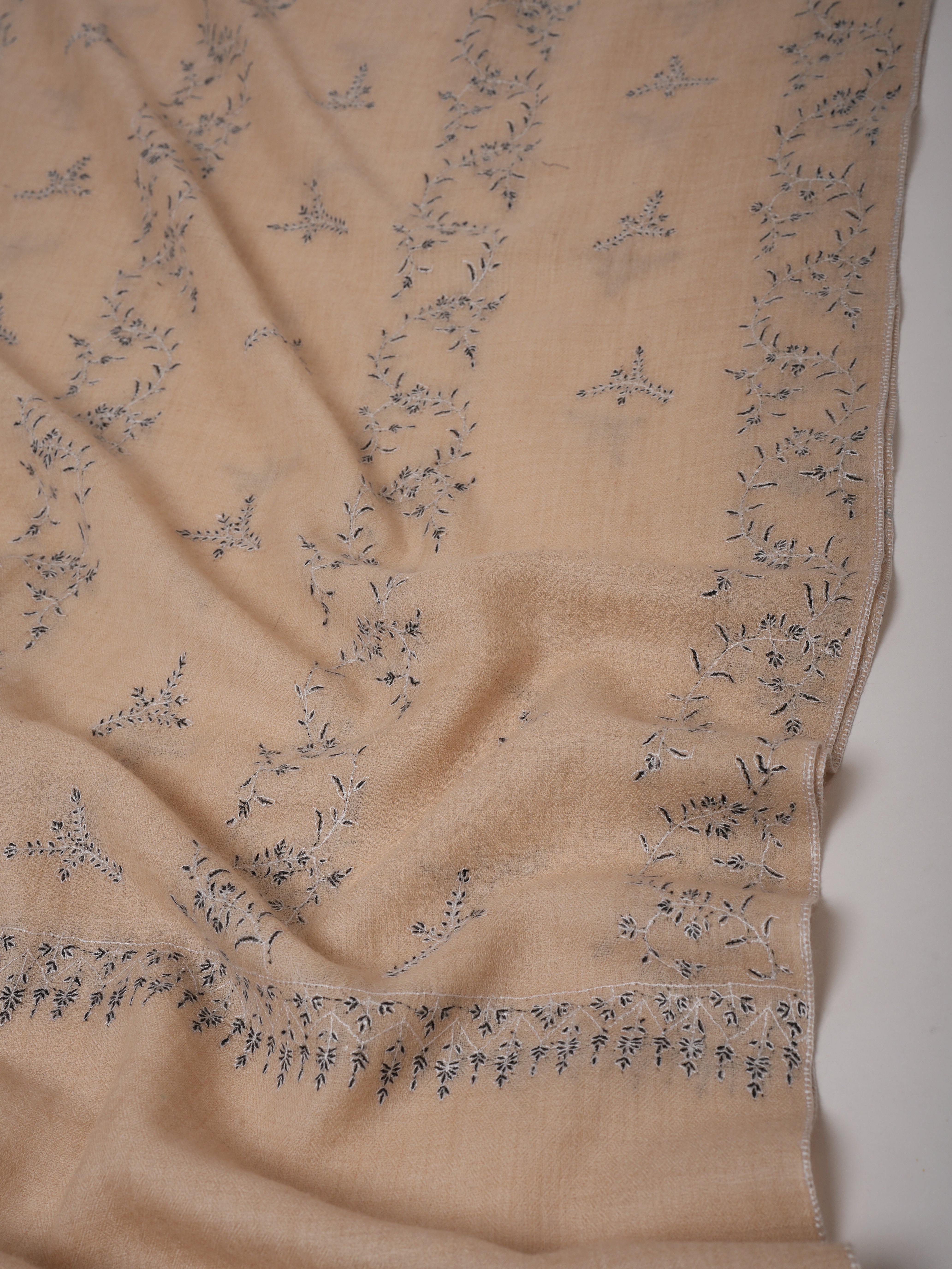 Off-White Cashmere Scarf with Black & White Hand Embroidery – Soft & Elegant