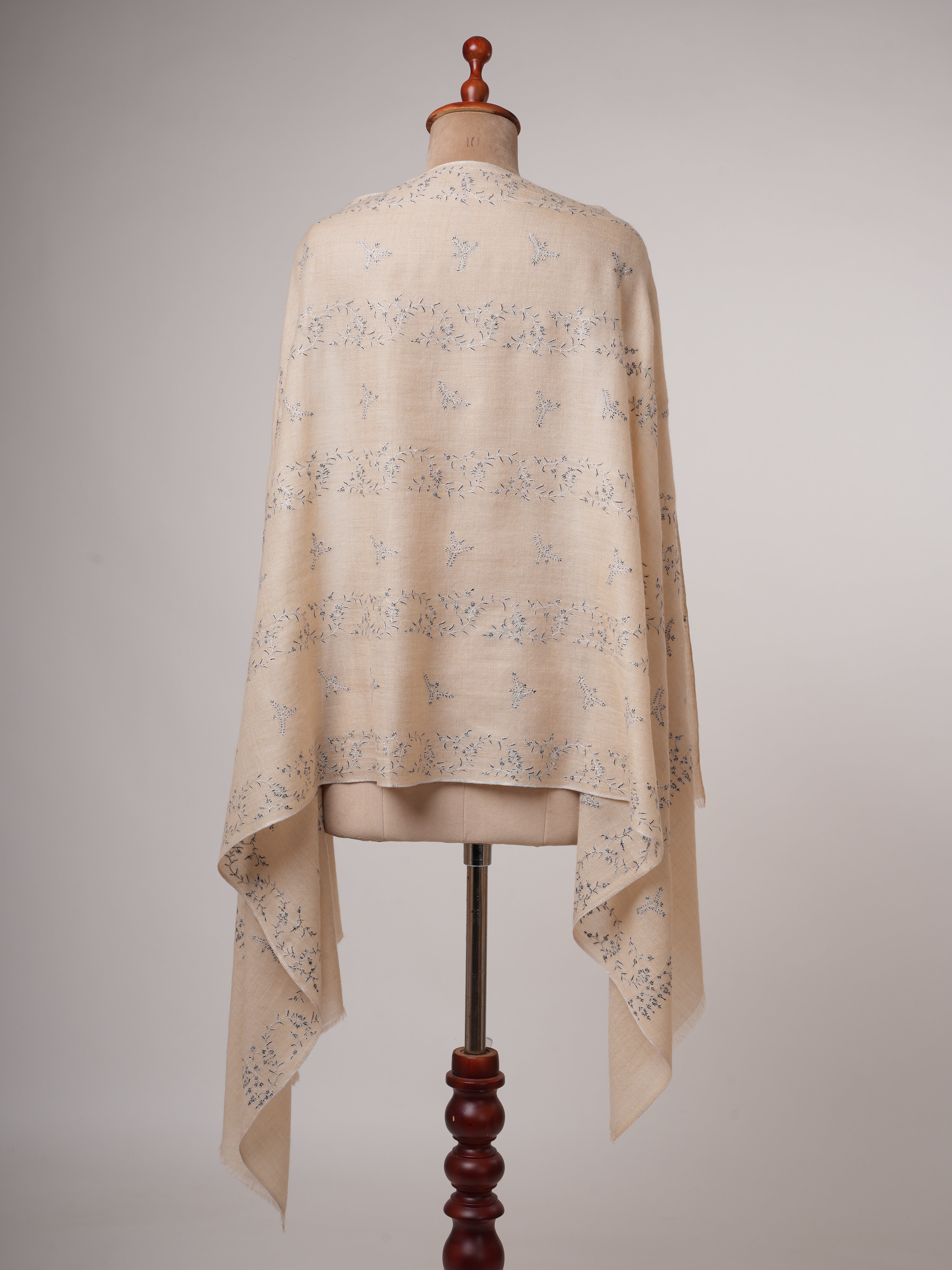 Off-White Cashmere Scarf with Black & White Hand Embroidery – Soft & Elegant