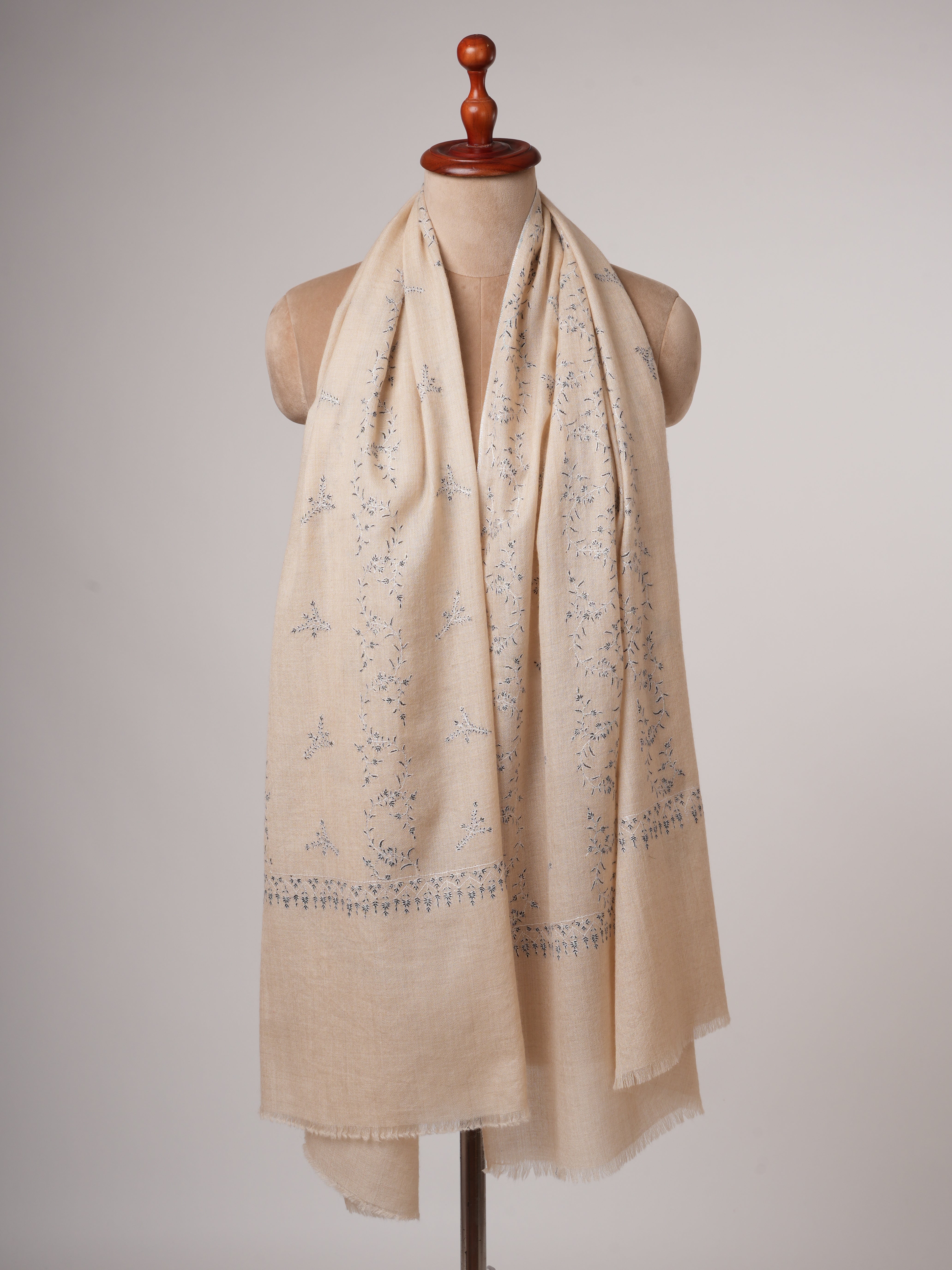 Off-White Cashmere Scarf with Black & White Hand Embroidery – Soft & Elegant