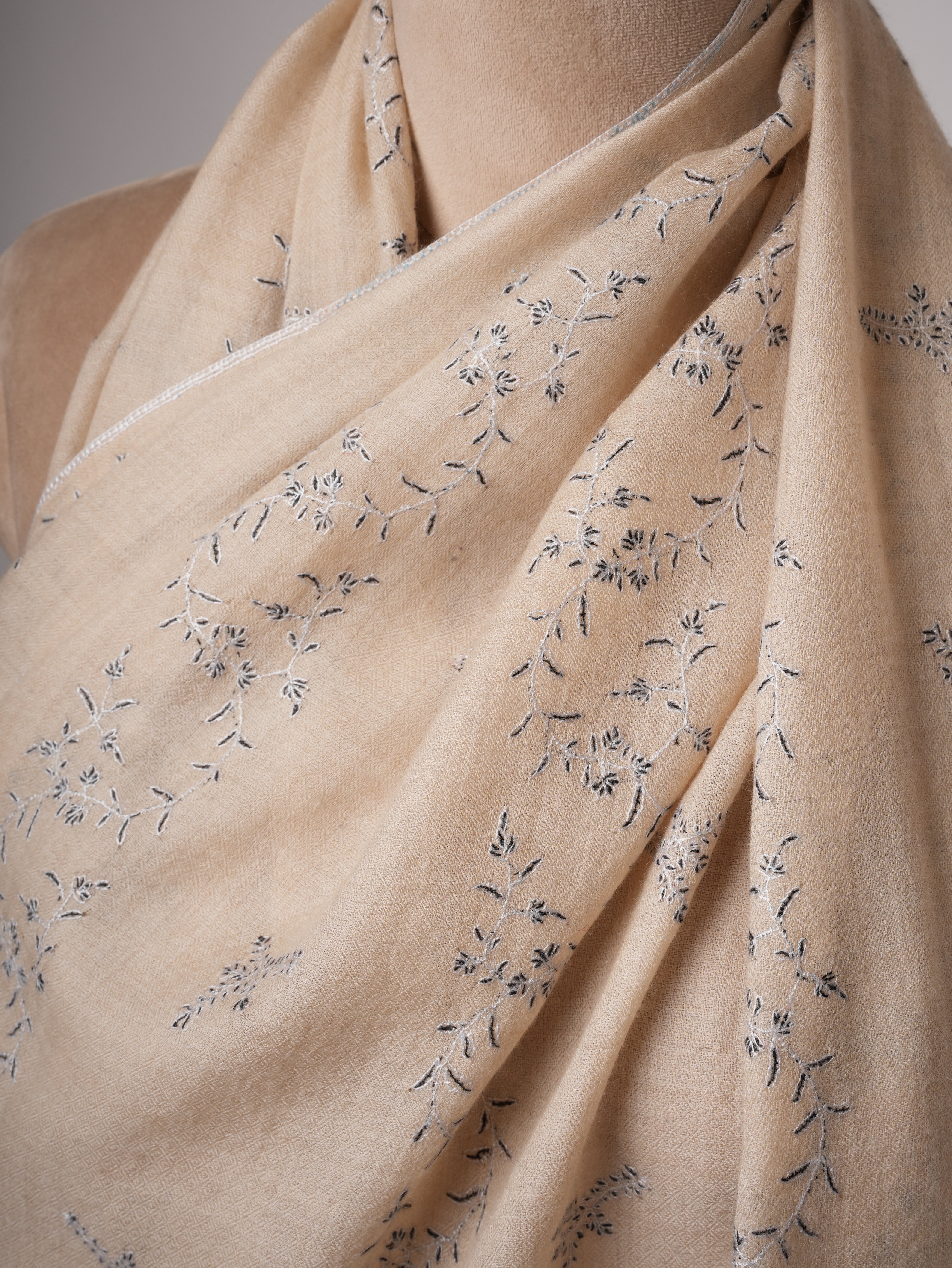 Off-White Cashmere Scarf with Black & White Hand Embroidery – Soft & Elegant