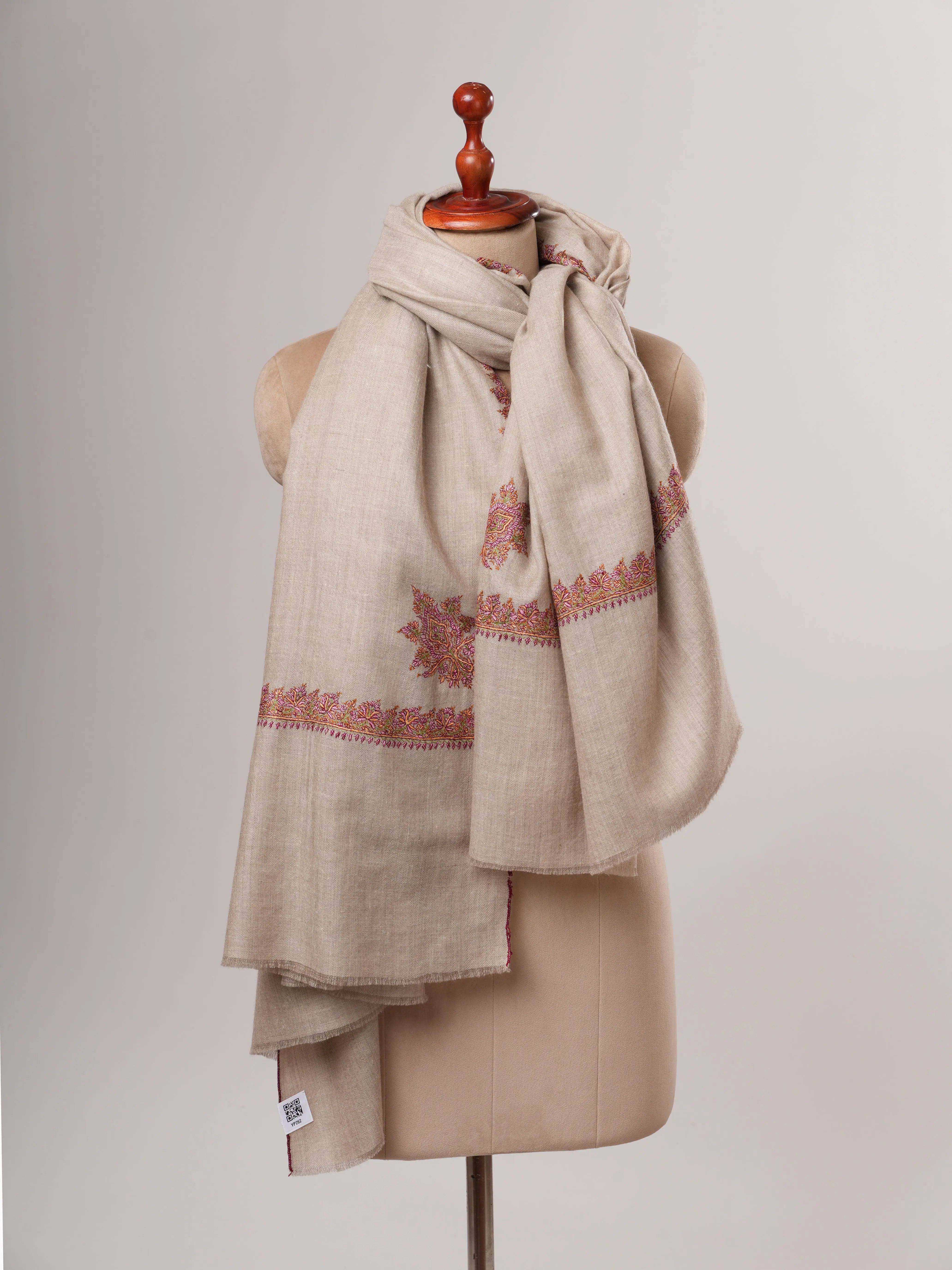 Natural Grey Kashmiri Pashmina Shawl – Hand Embroidered Hashia Border Shahkaar