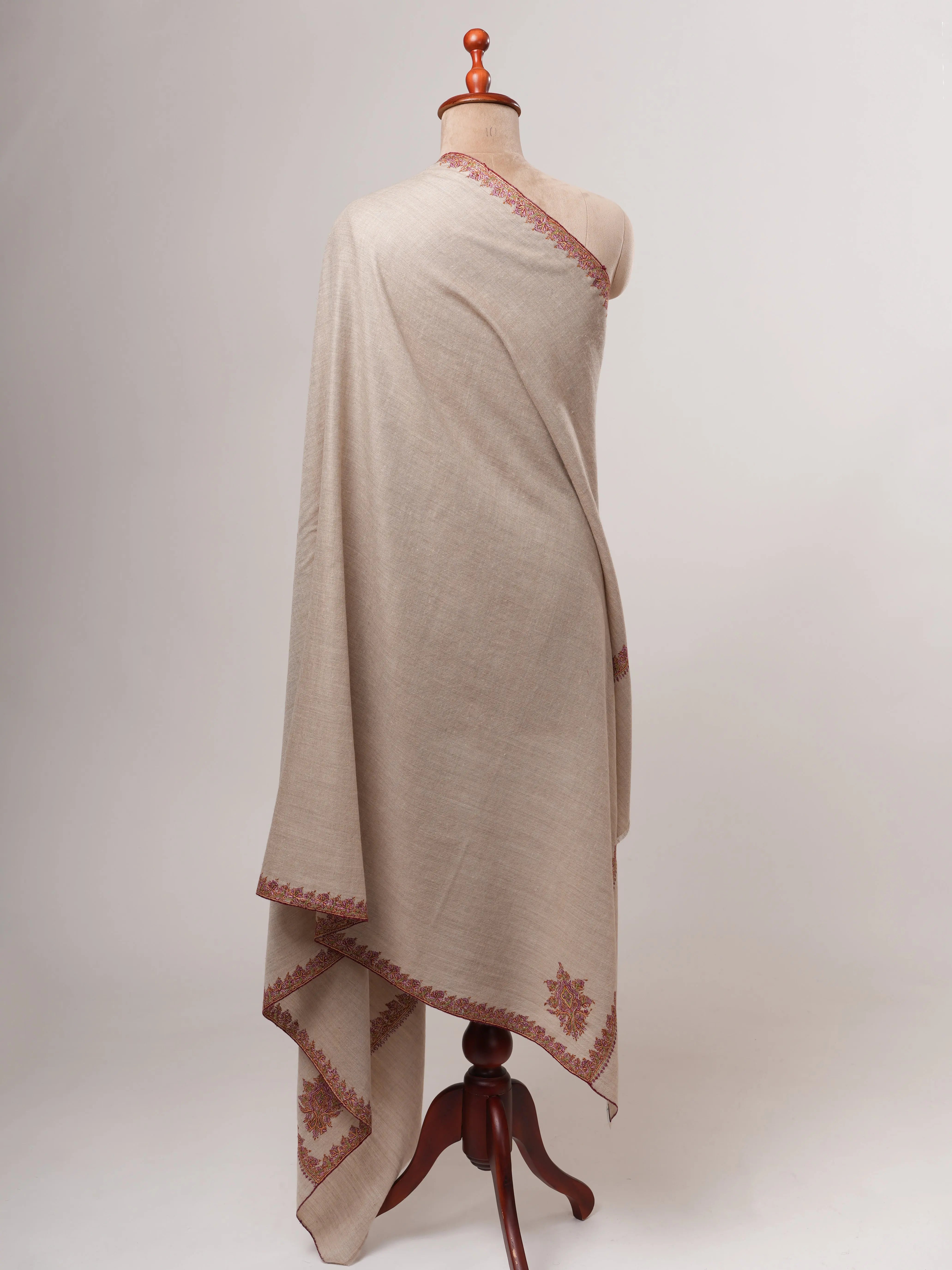 Natural Grey Kashmiri Pashmina Shawl – Hand Embroidered Hashia Border Shahkaar