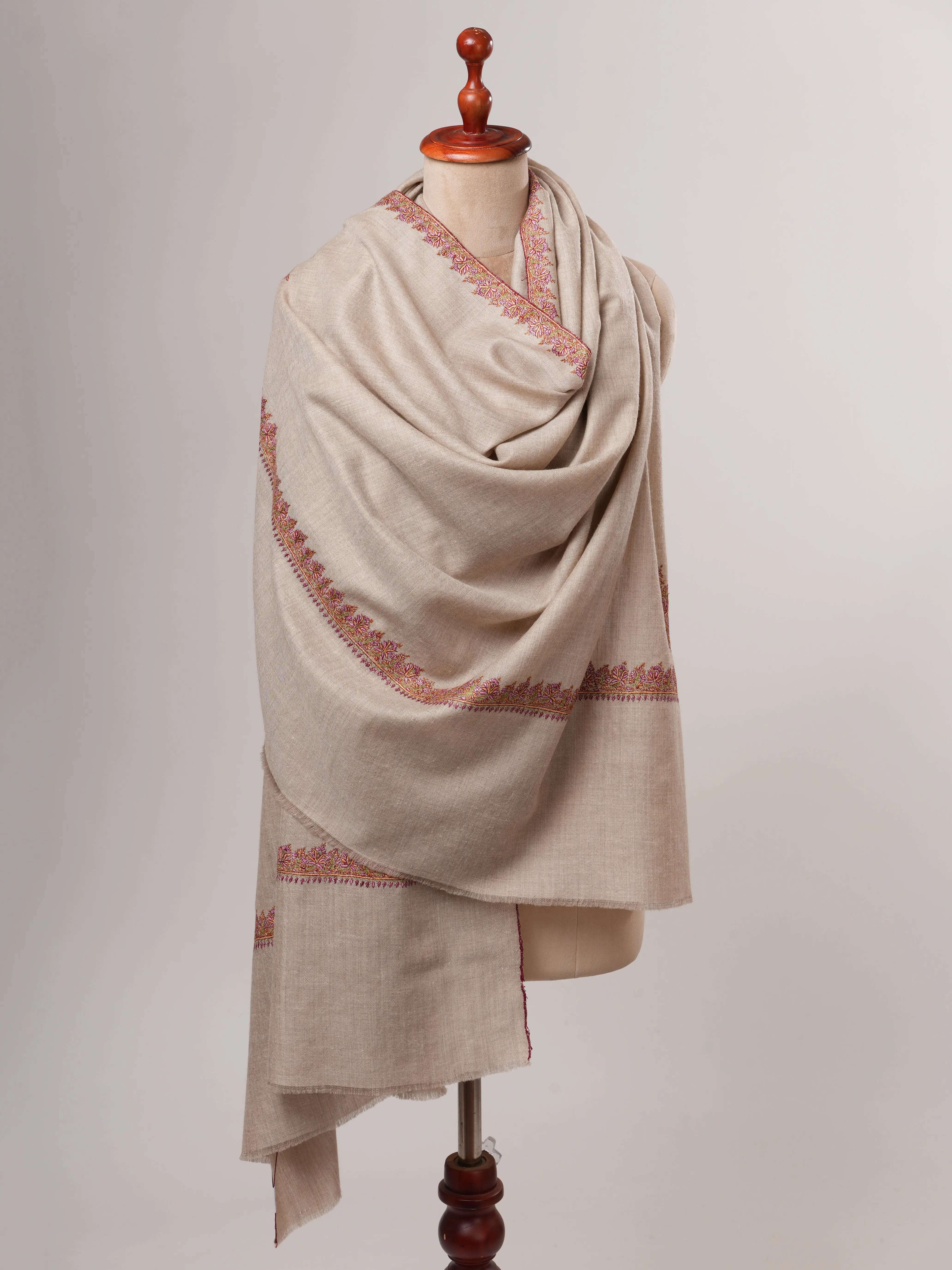 Natural Grey Kashmiri Pashmina Shawl – Hand Embroidered Hashia Border Shahkaar