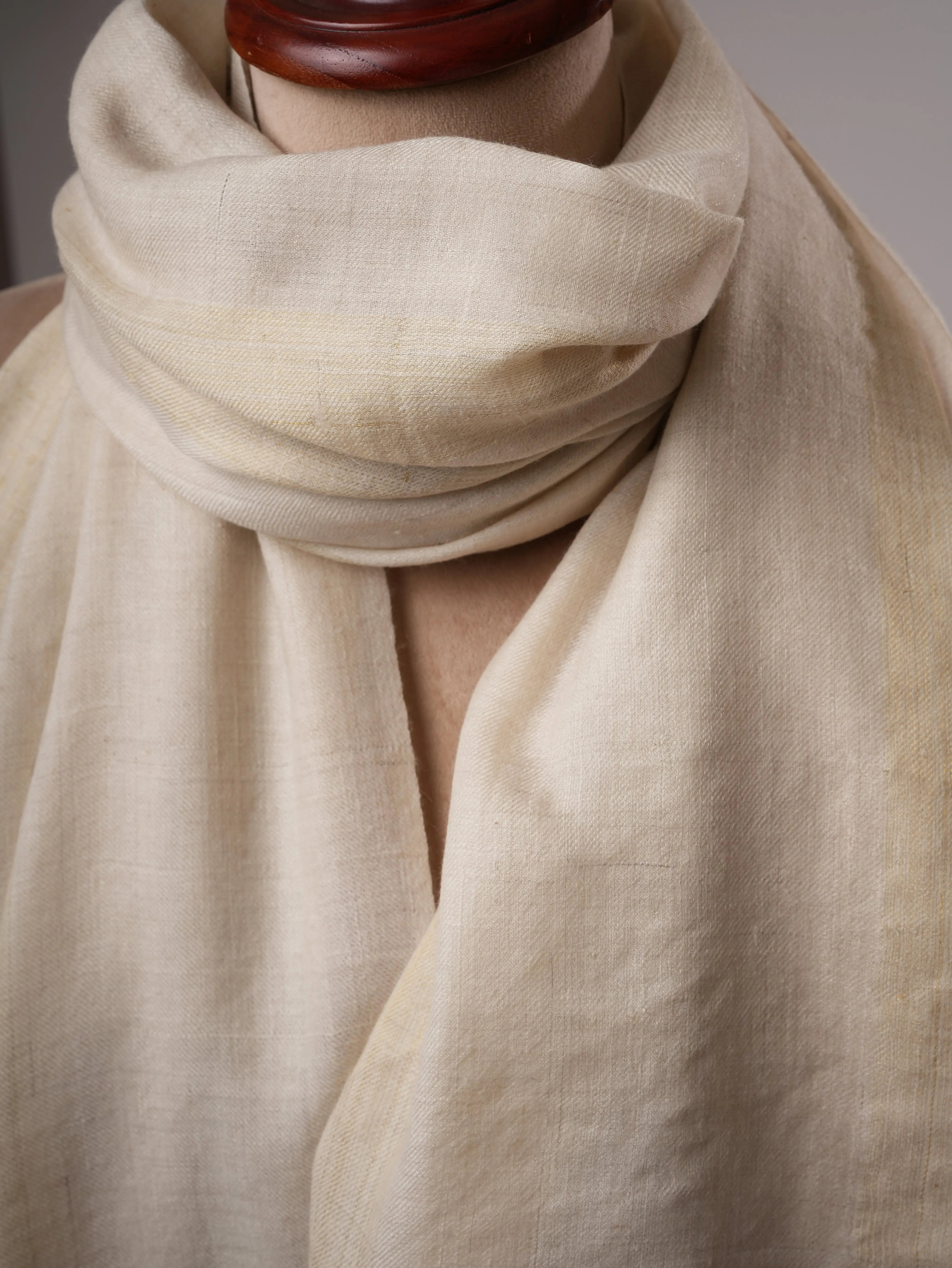Handwoven Off White Pashmina Shawl with Subtle Gold Zari Stripe Shahkaar