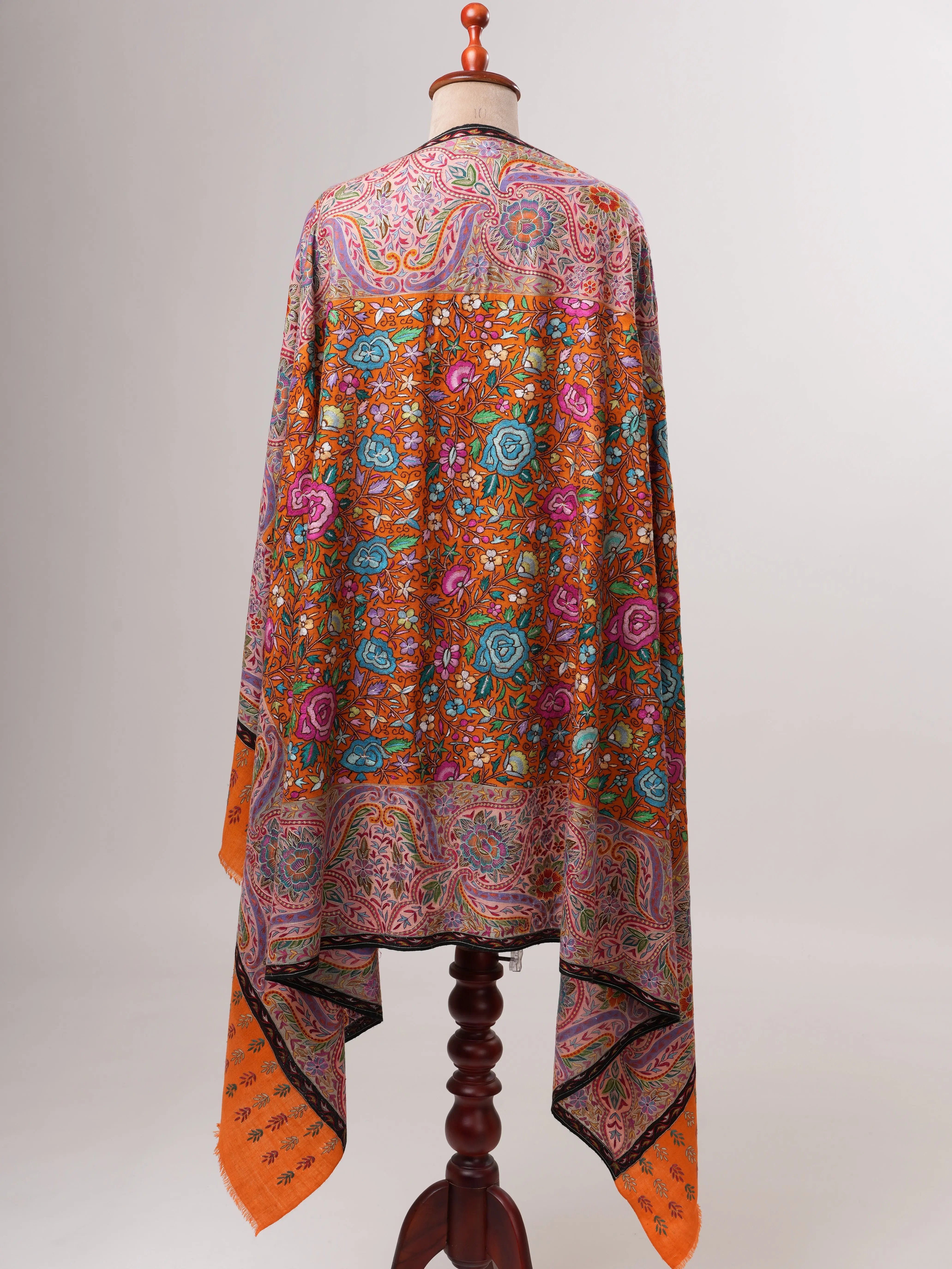 Orange Pashmina Shawl with Kalamkari Palla Papermachie Hand Embroidery Shahkaar