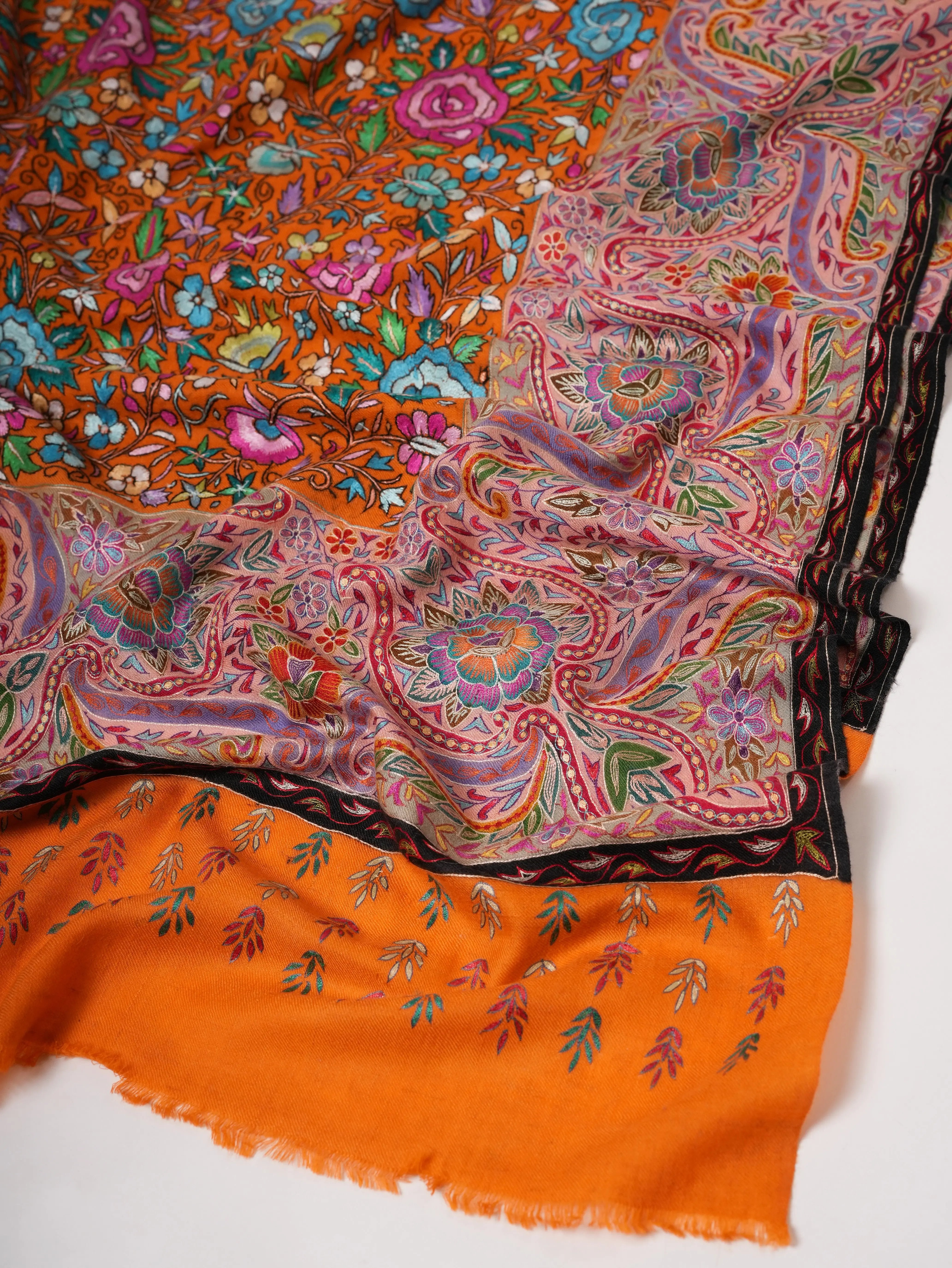 Orange Pashmina Shawl with Kalamkari Palla Papermachie Hand Embroidery Shahkaar