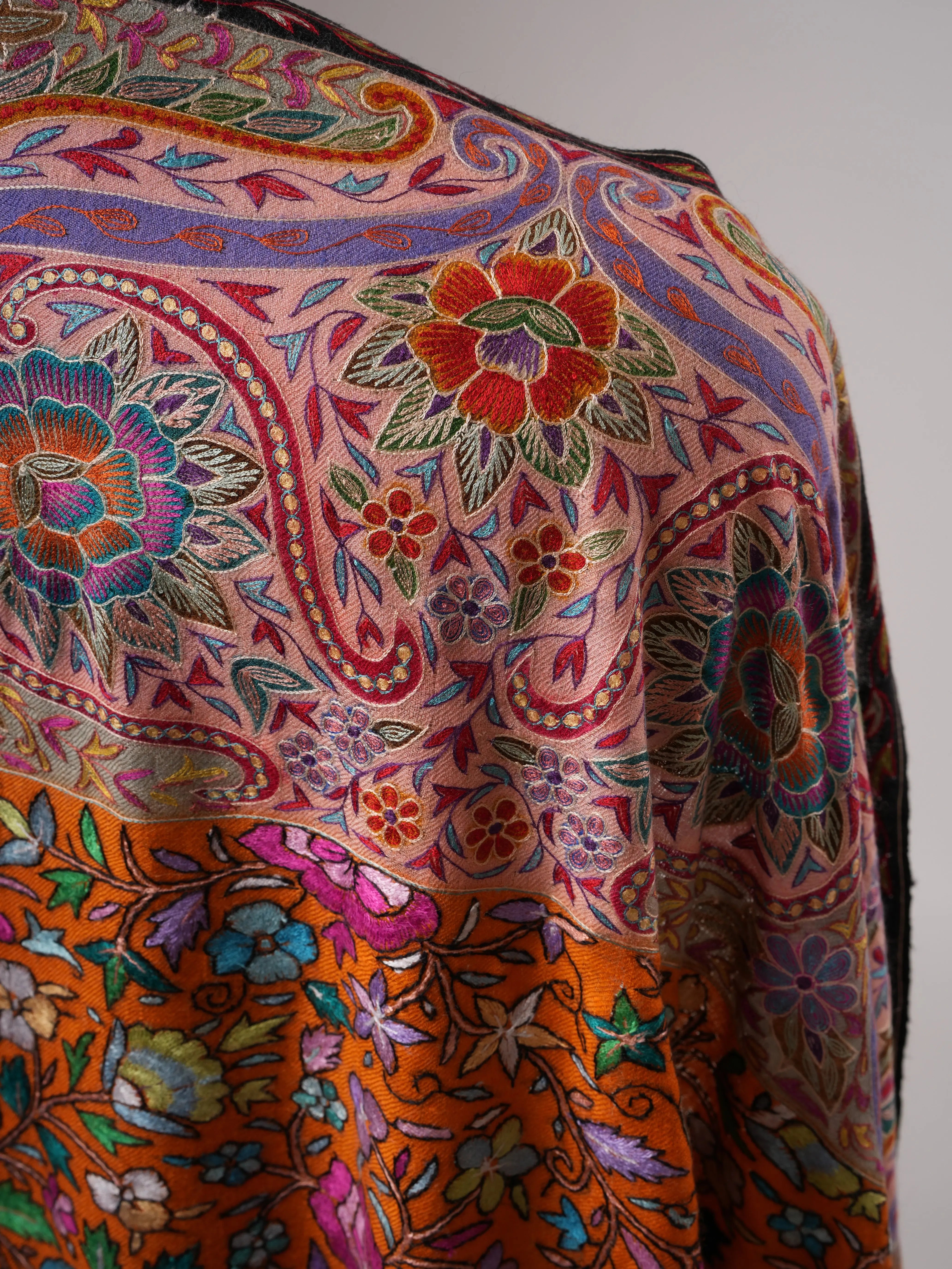 Orange Pashmina Shawl with Kalamkari Palla Papermachie Hand Embroidery Shahkaar