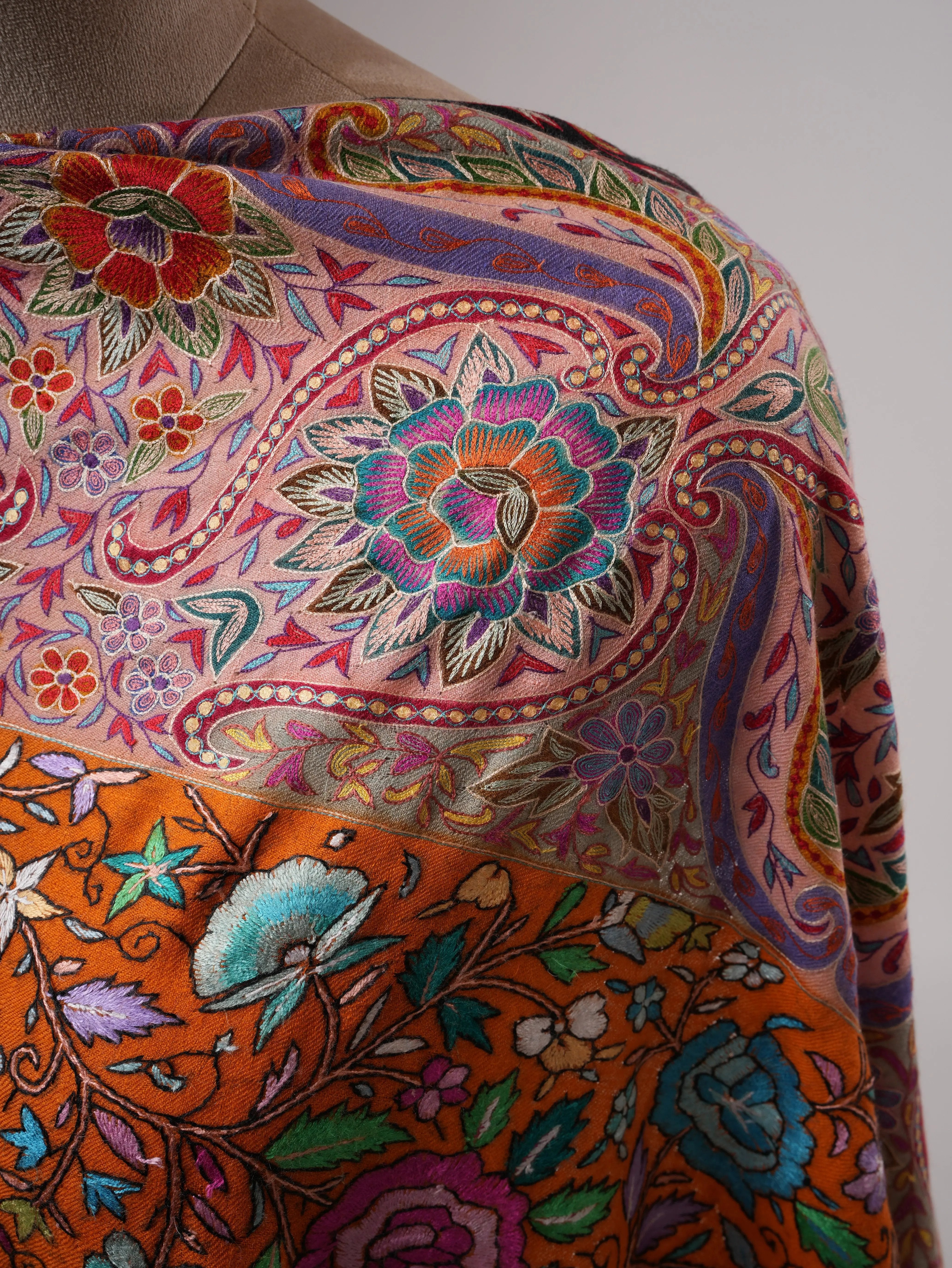 Orange Pashmina Shawl with Kalamkari Palla Papermachie Hand Embroidery Shahkaar