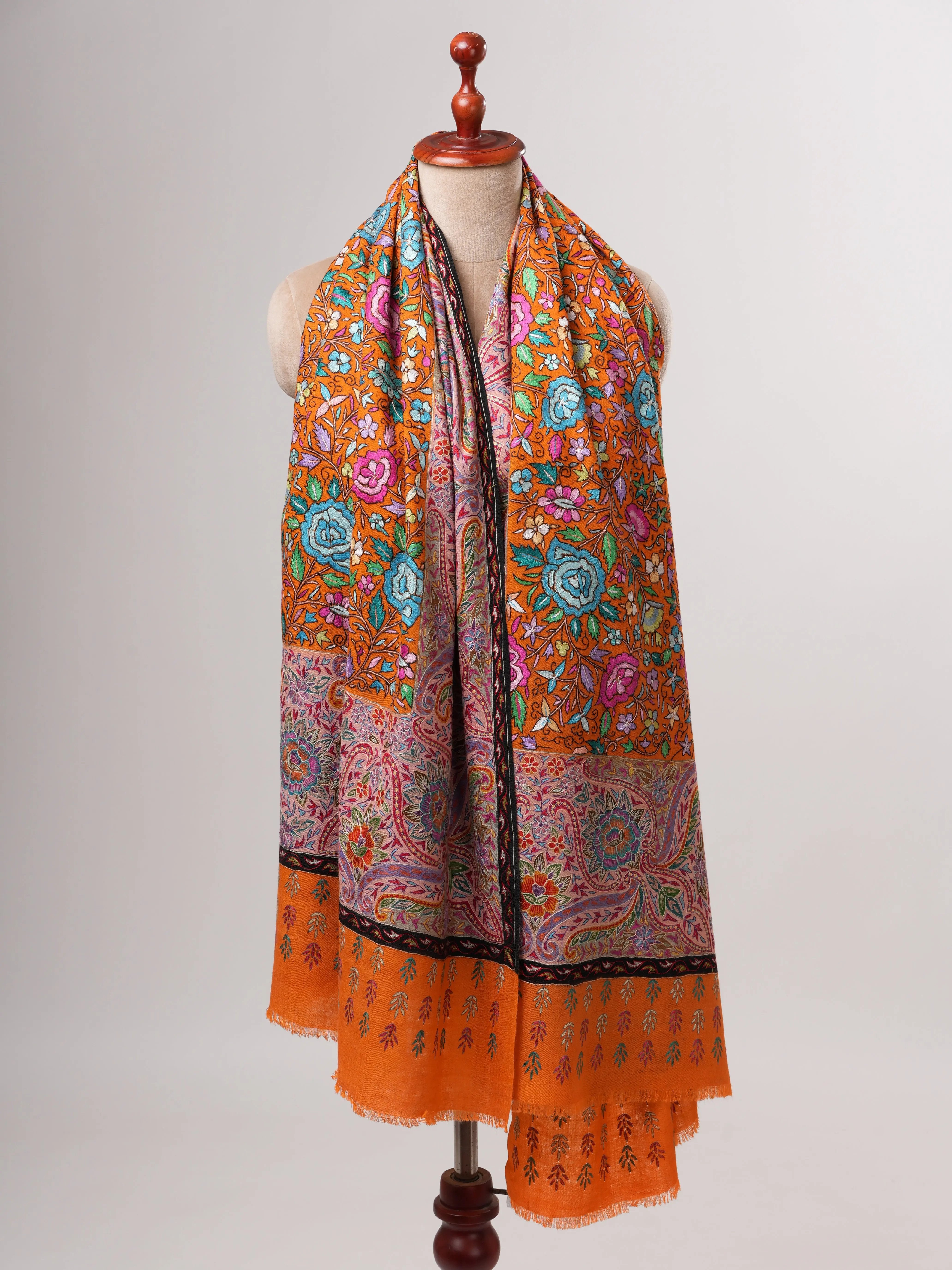 Orange Pashmina Shawl with Kalamkari Palla Papermachie Hand Embroidery Shahkaar