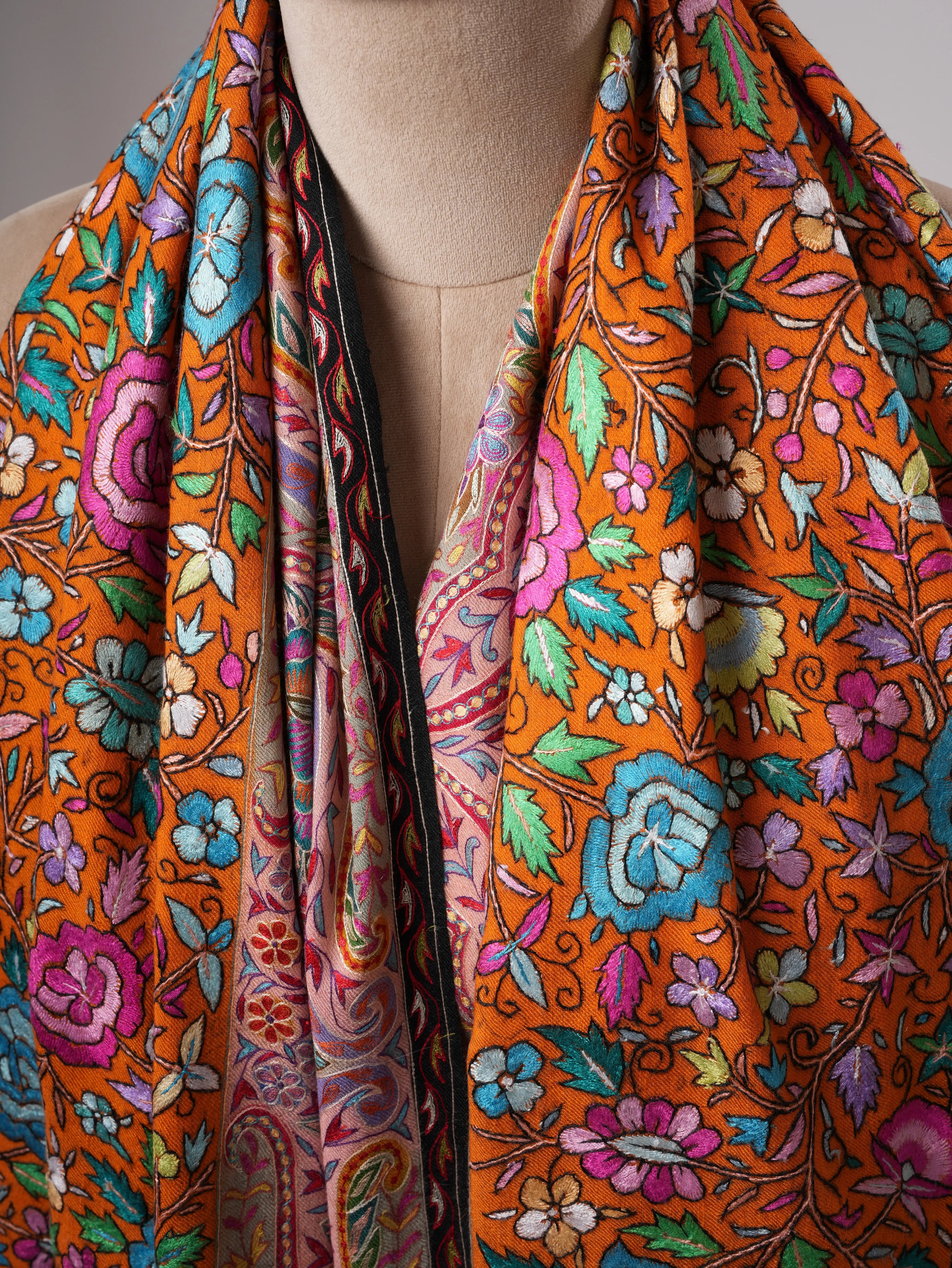 Orange Pashmina Shawl with Kalamkari Palla Papermachie Hand Embroidery Shahkaar