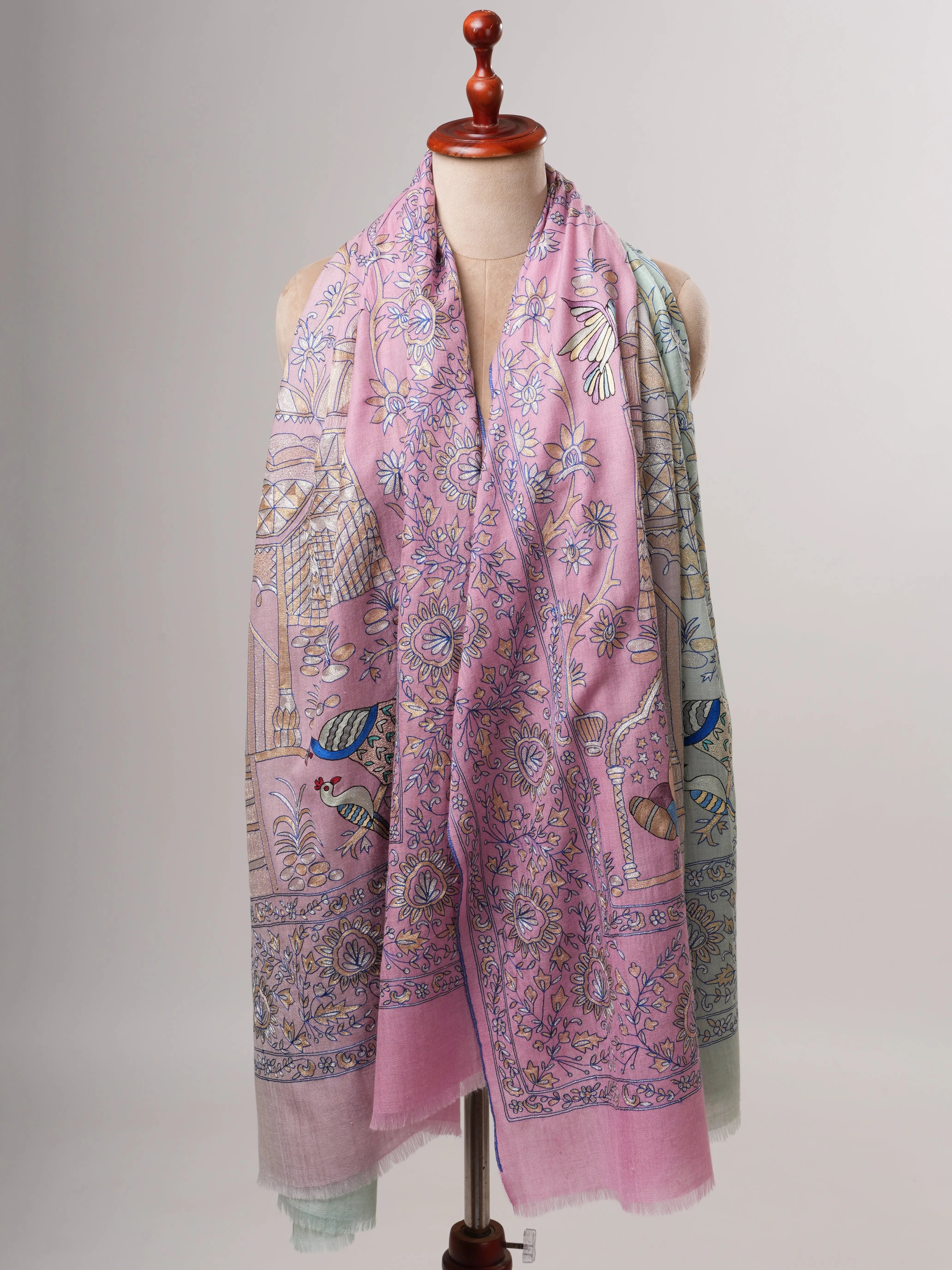 Blue and Lavender Ombré Pashmina Shawl with Hand Hook Embroidery Shahkaar