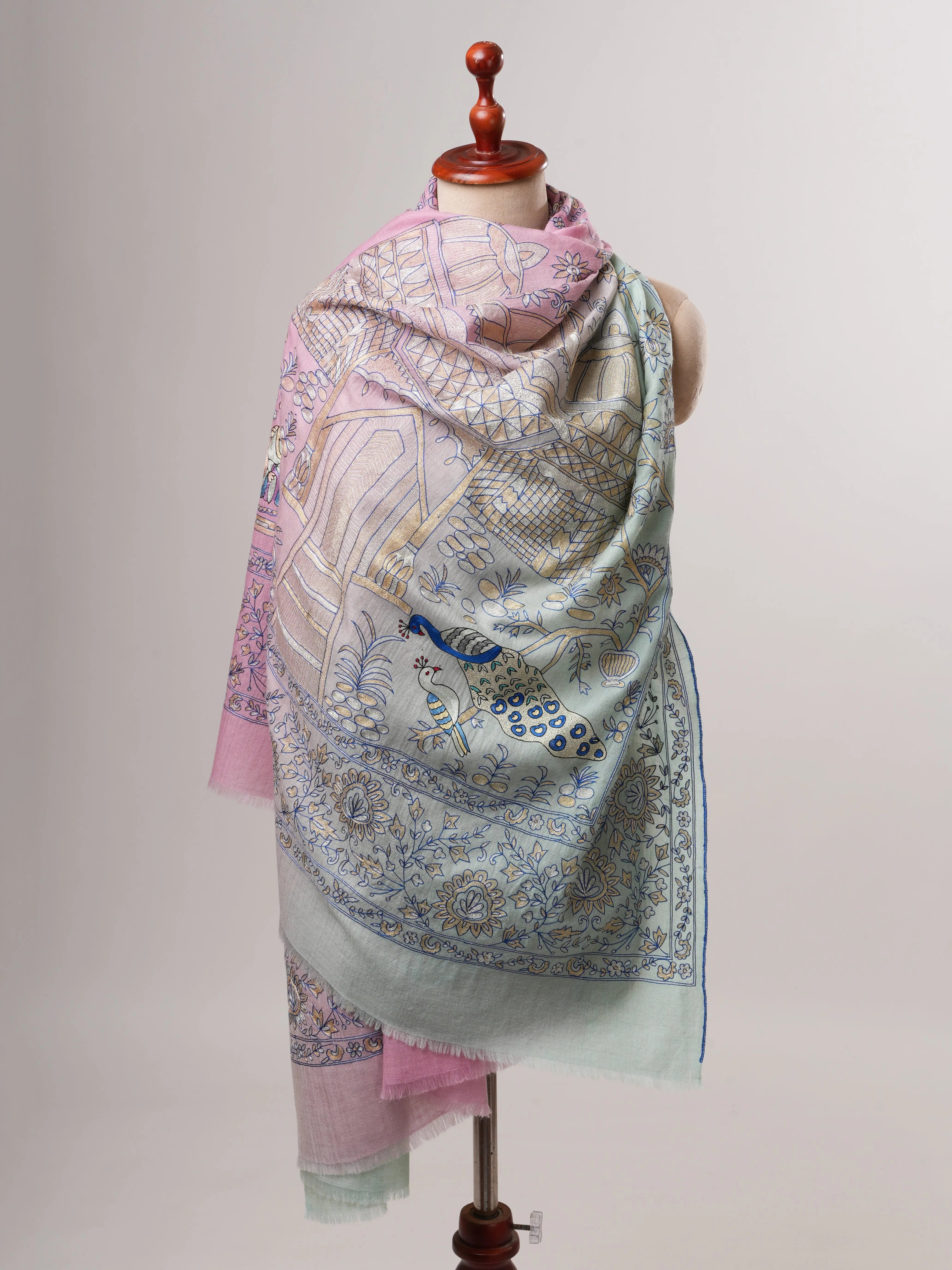 Blue and Lavender Ombré Pashmina Shawl with Hand Hook Embroidery Shahkaar