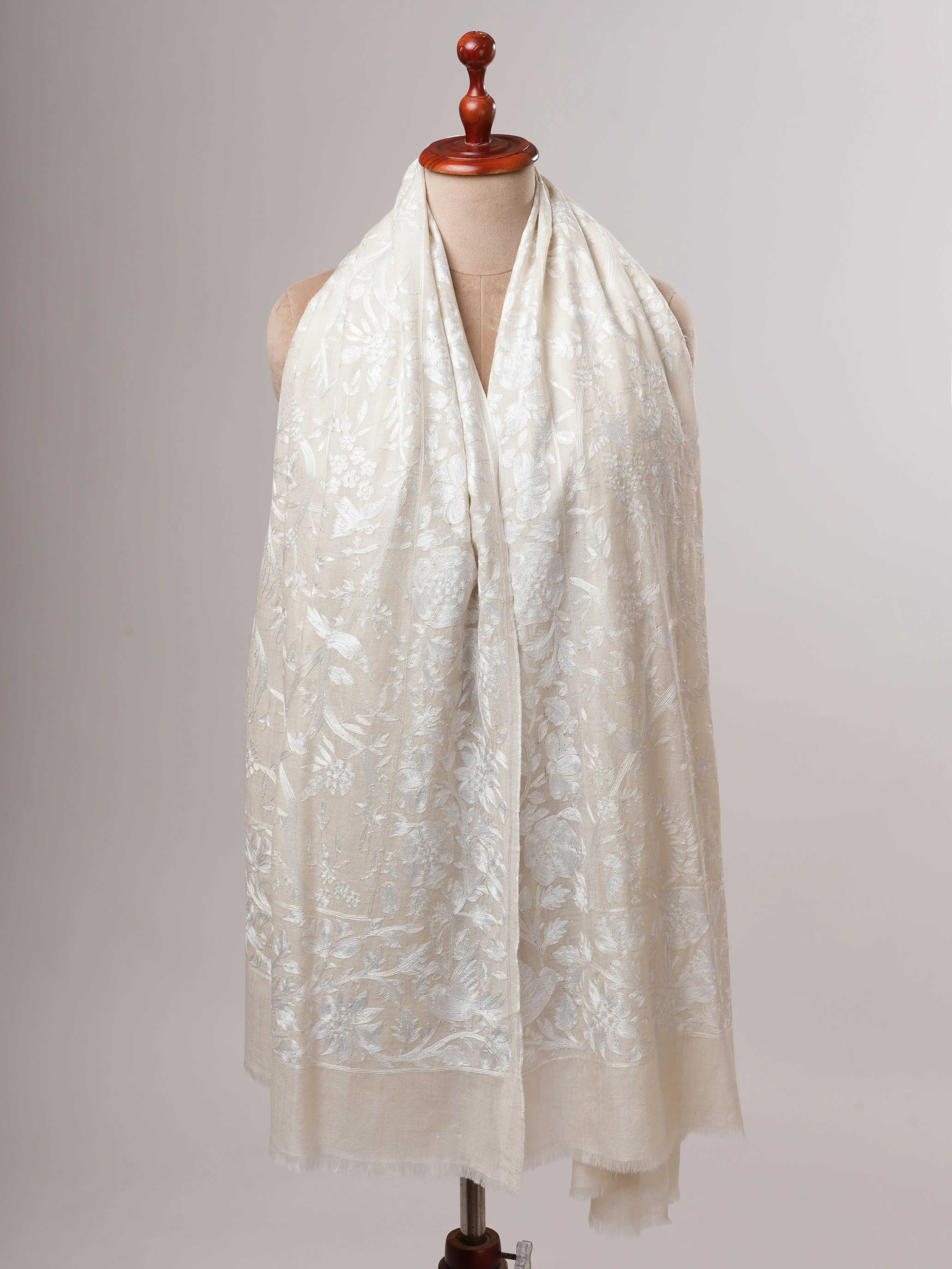 White Hand Hook Embroidered Ivory Kashmiri Pashmina Shawl Shahkaar