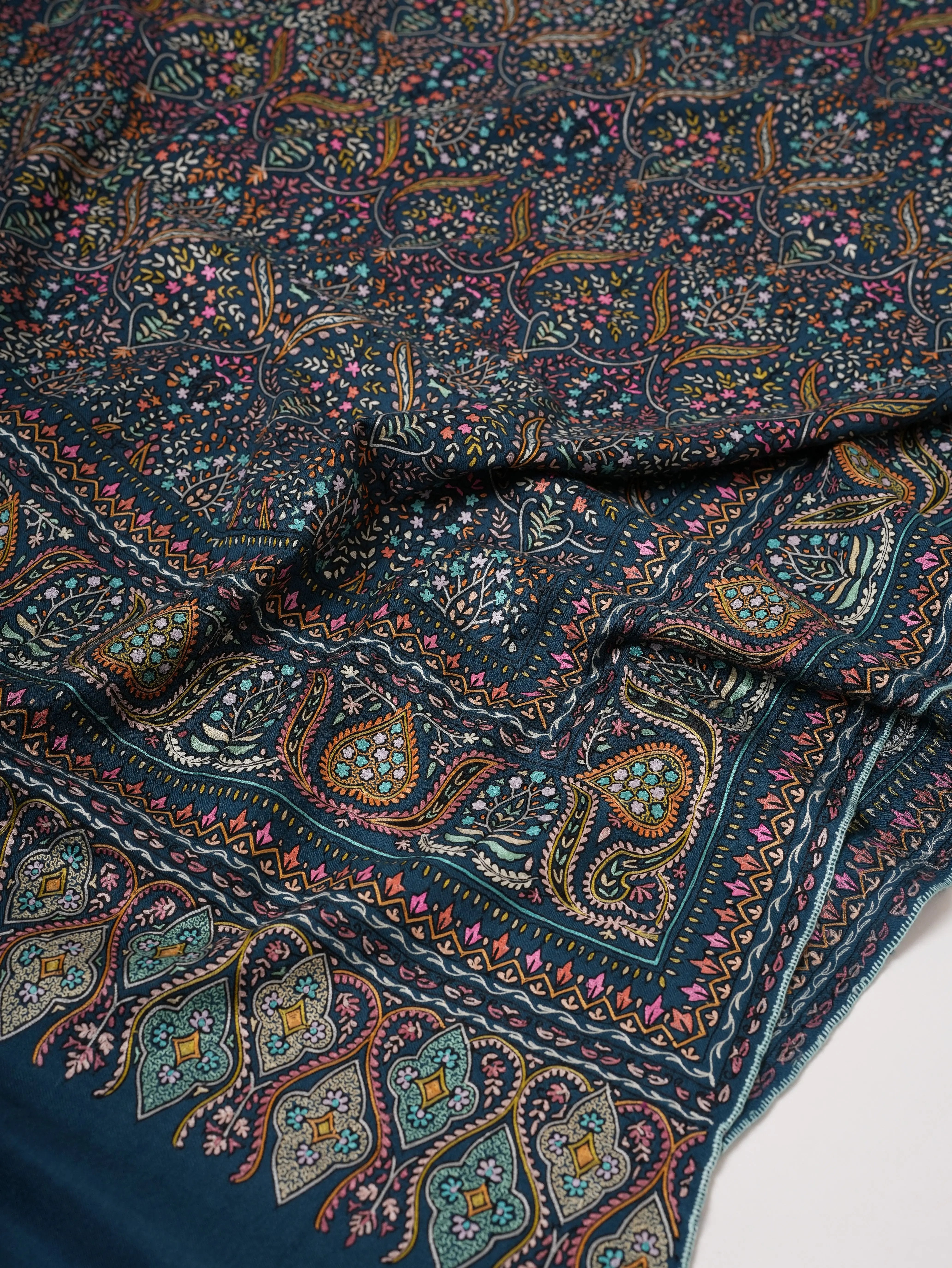 Teal Pashmina Shawl with Hand Hook Embroidery Shahkaar