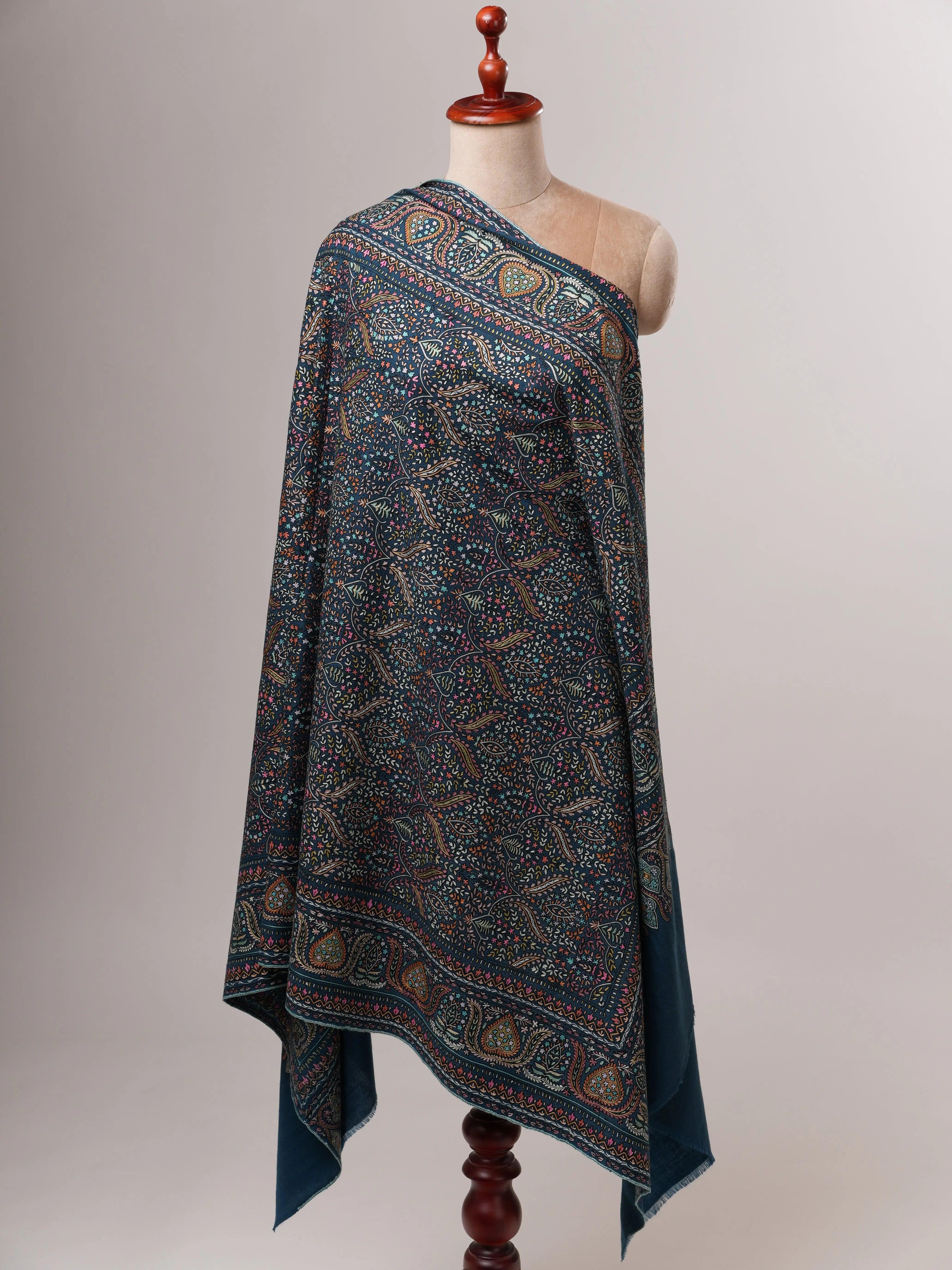Teal Pashmina Shawl with Hand Hook Embroidery Shahkaar