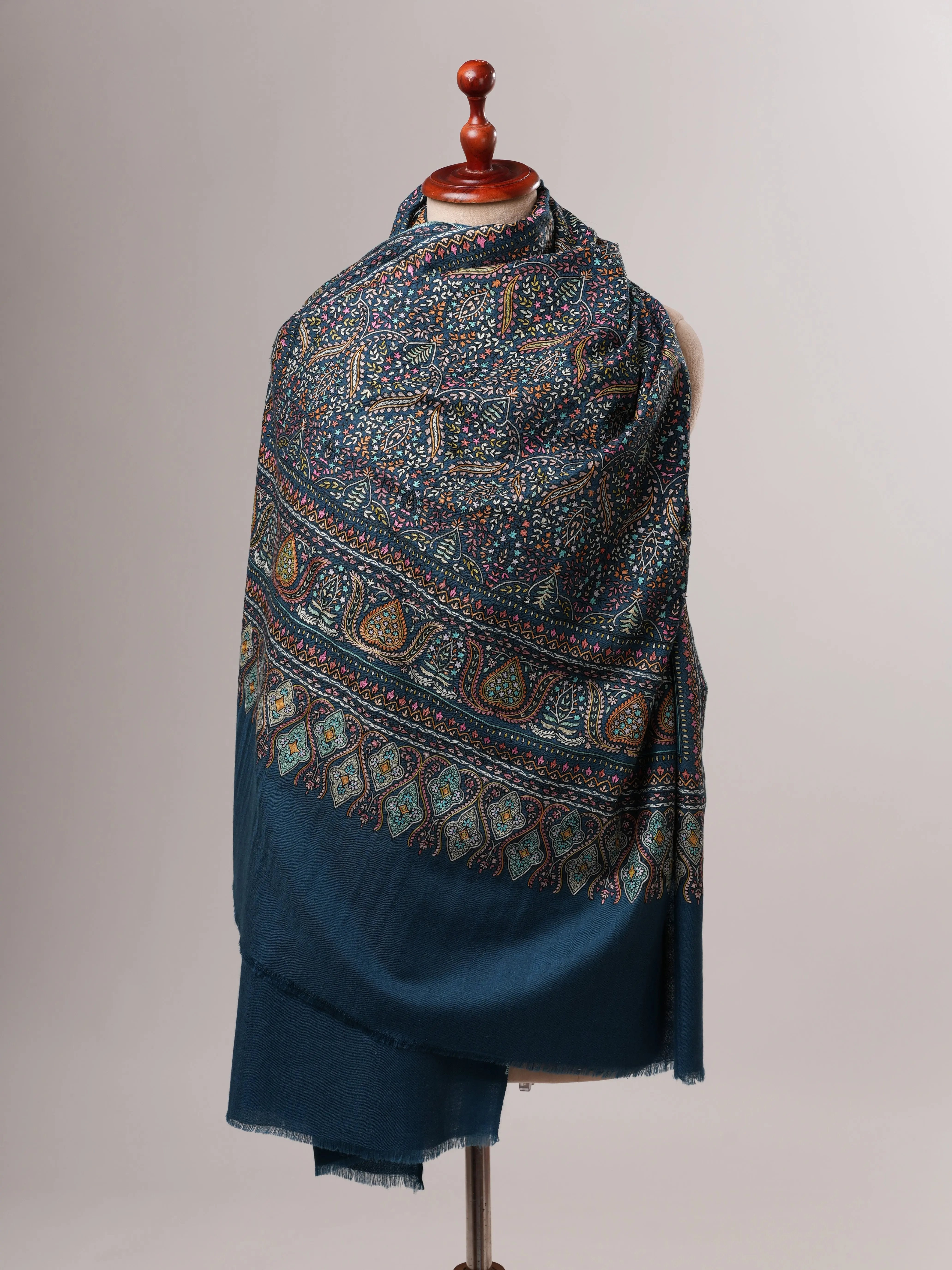 Teal Pashmina Shawl with Hand Hook Embroidery Shahkaar