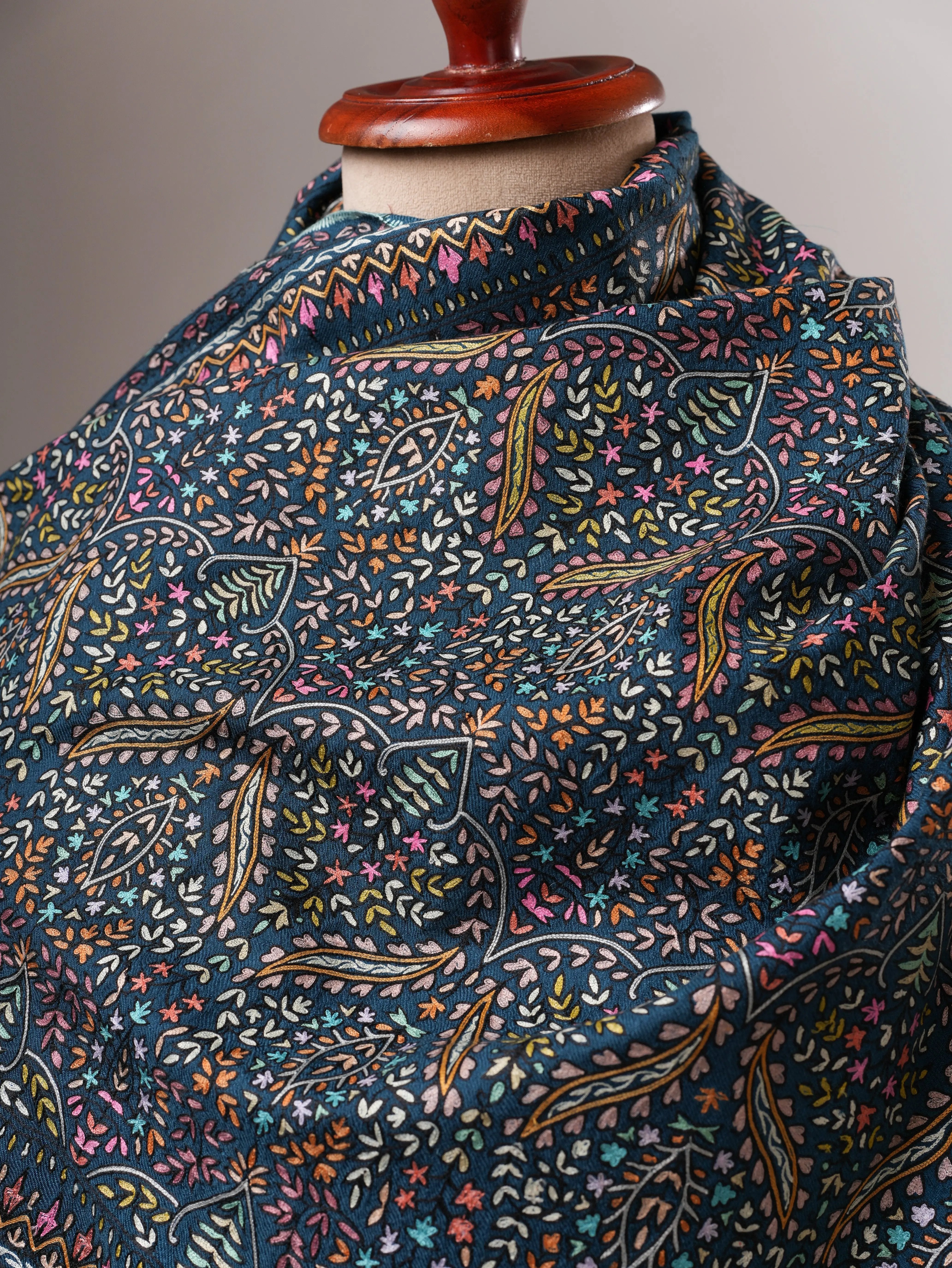 Teal Pashmina Shawl with Hand Hook Embroidery Shahkaar