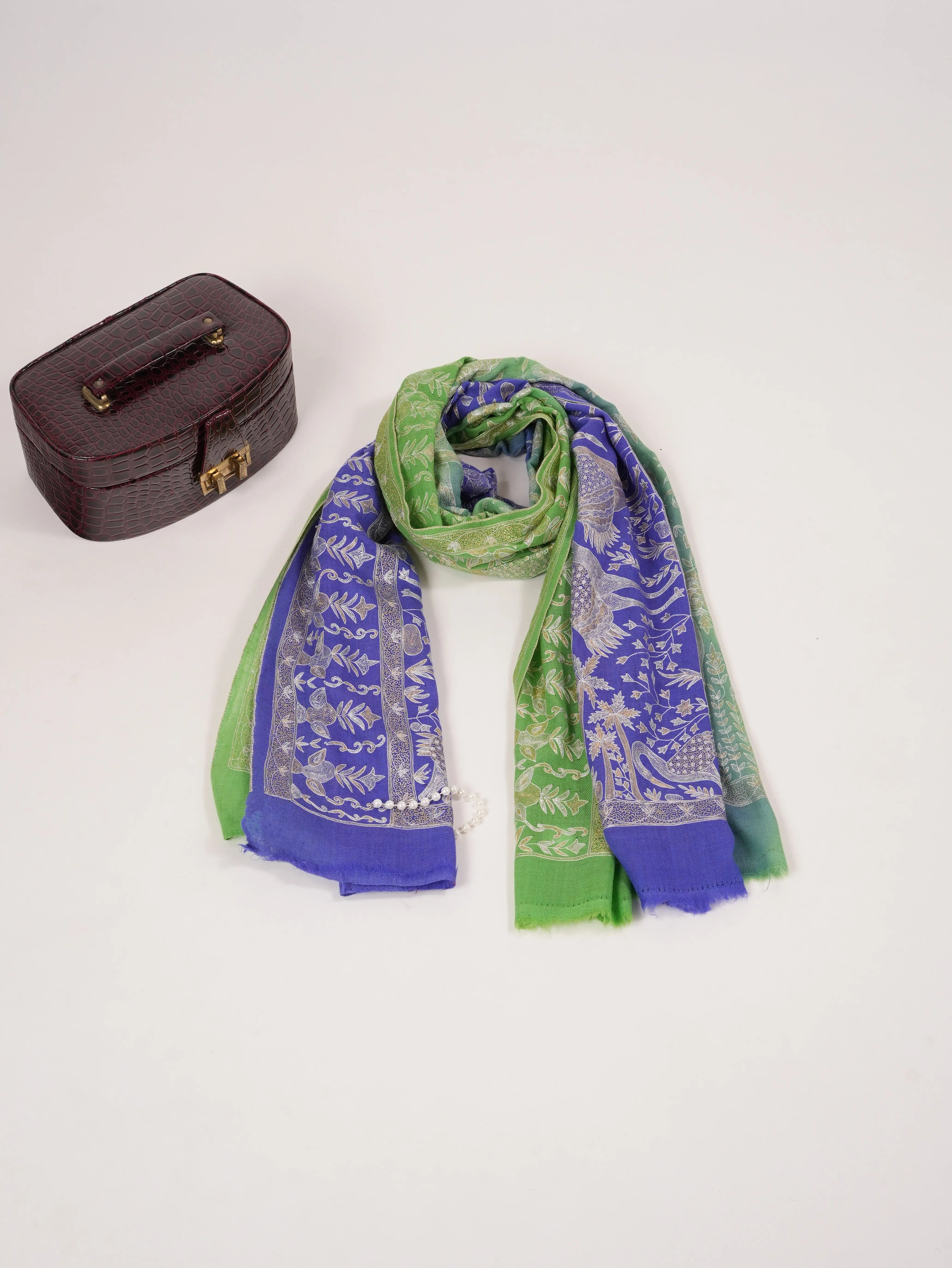 Dual Shade Handwoven Pashmina Shawl with Hand Kalamkari Embroidery Shahkaar.com