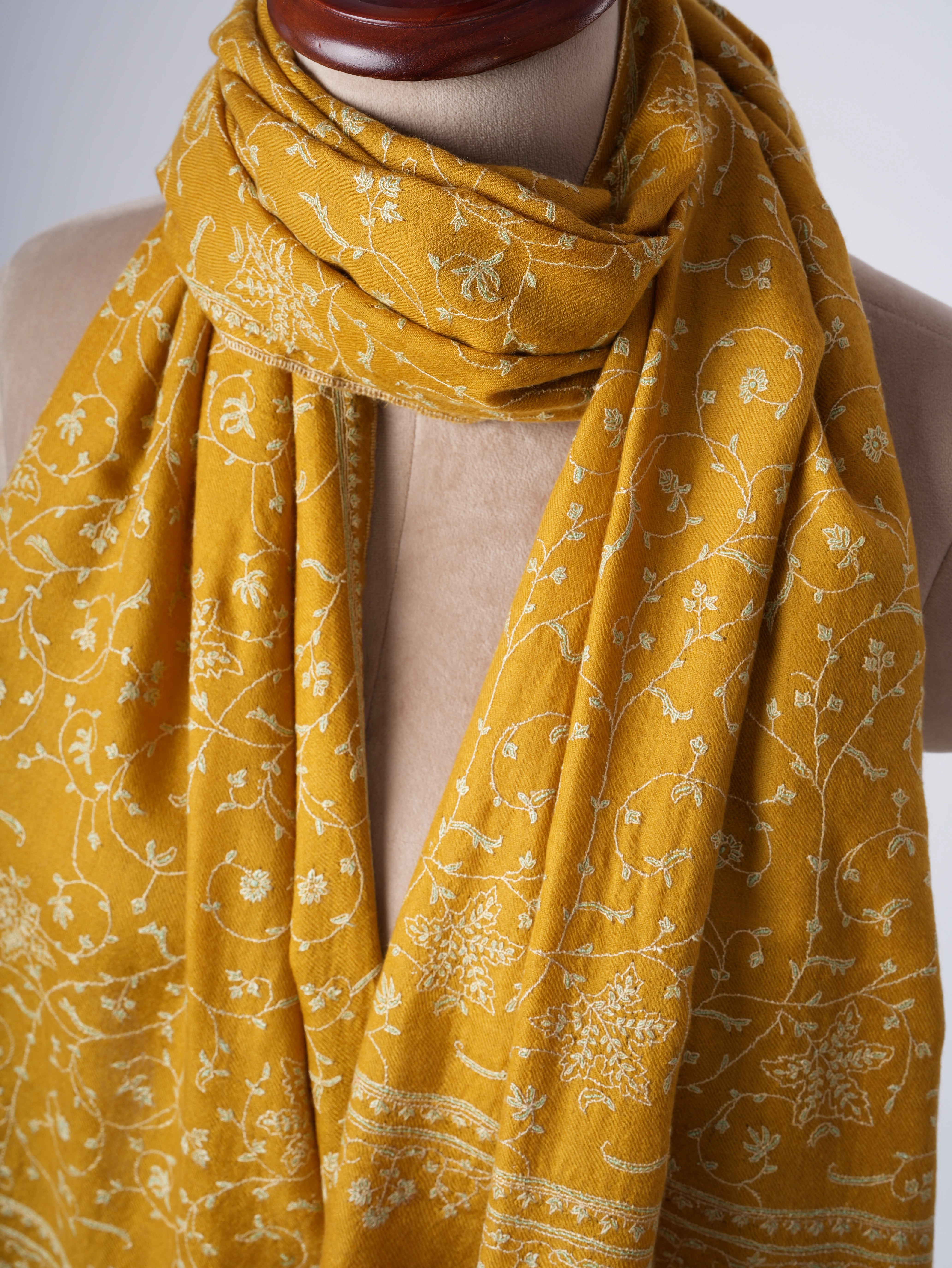 Golden Yellow Baby Soft Cashmere Scarf with Jali Hand Embroidery – Artisan Luxury