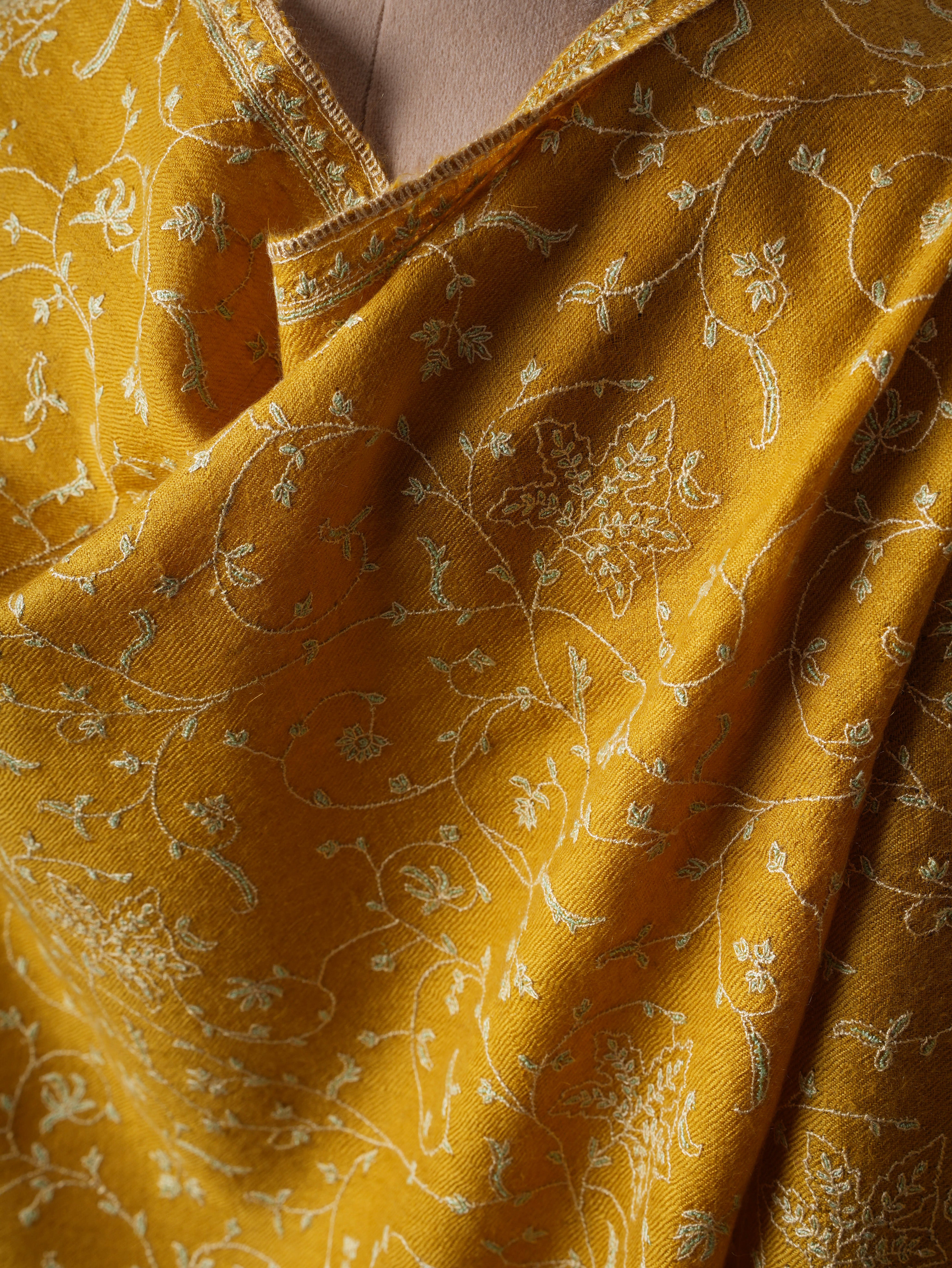 Golden Yellow Baby Soft Cashmere Scarf with Jali Hand Embroidery – Artisan Luxury