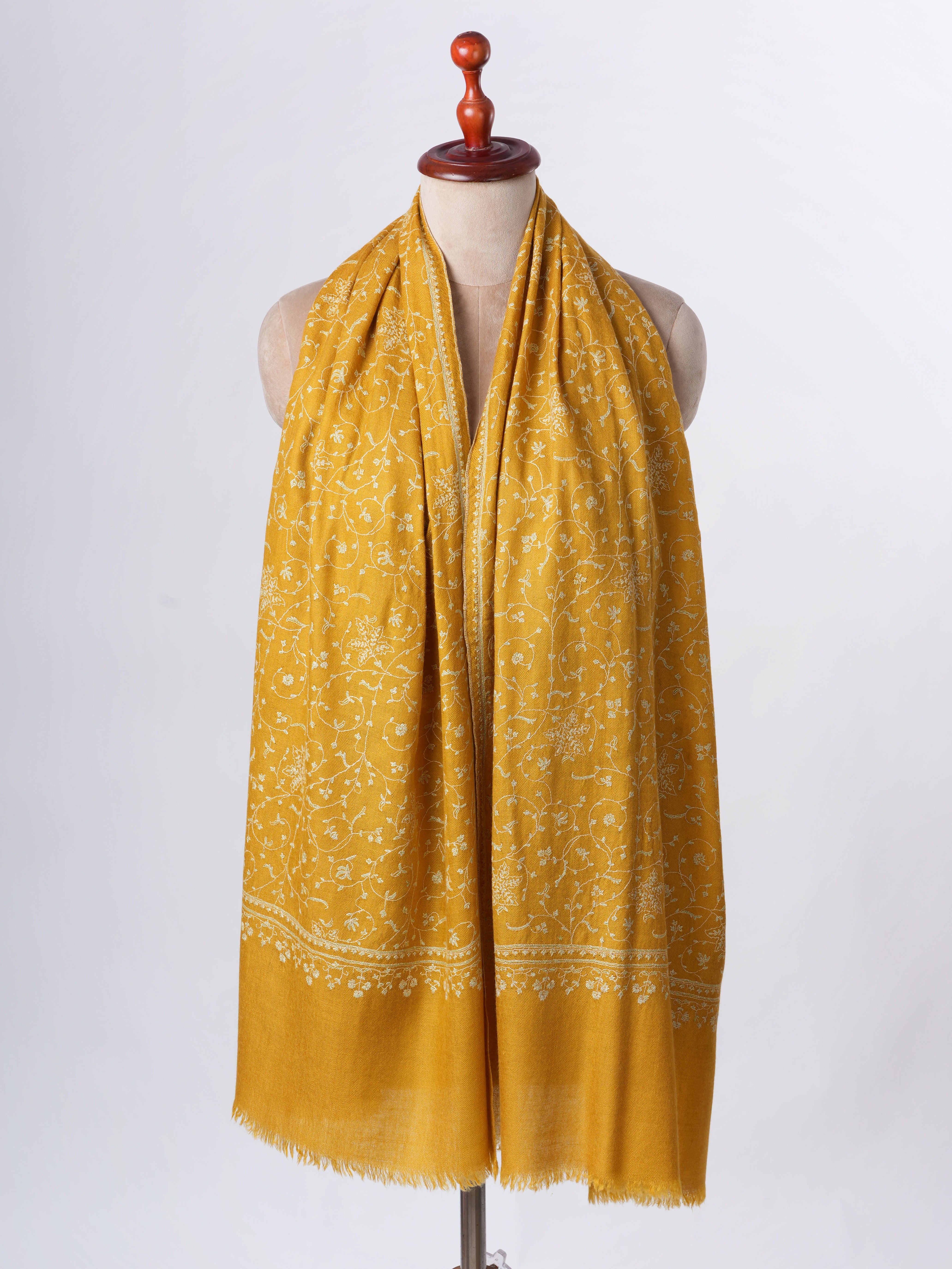Golden Yellow Baby Soft Cashmere Scarf with Jali Hand Embroidery – Artisan Luxury