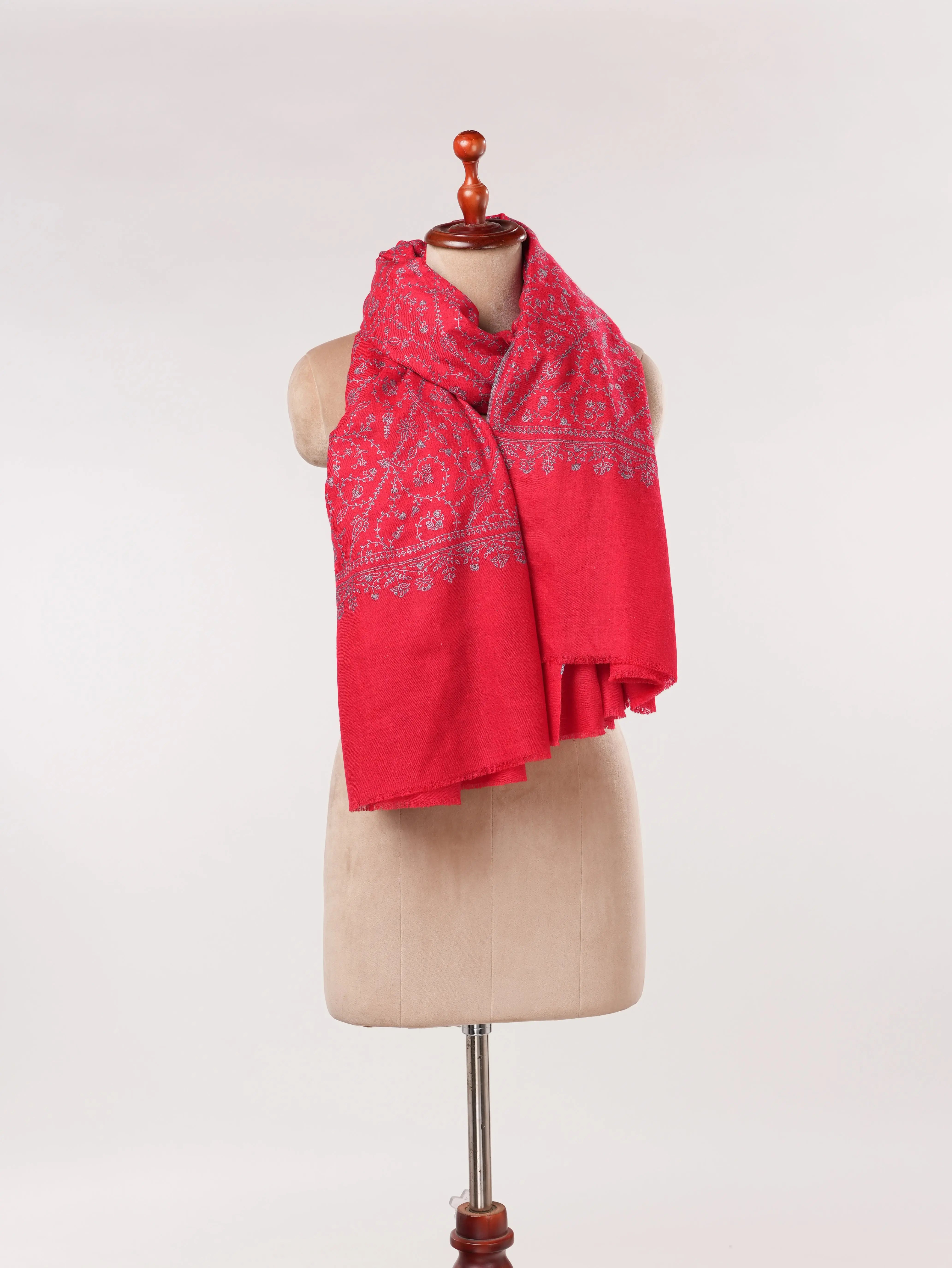 Crimson Red Handwoven Pashmina Jali Embroidered Kashmiri Shawl Shahkaar.com