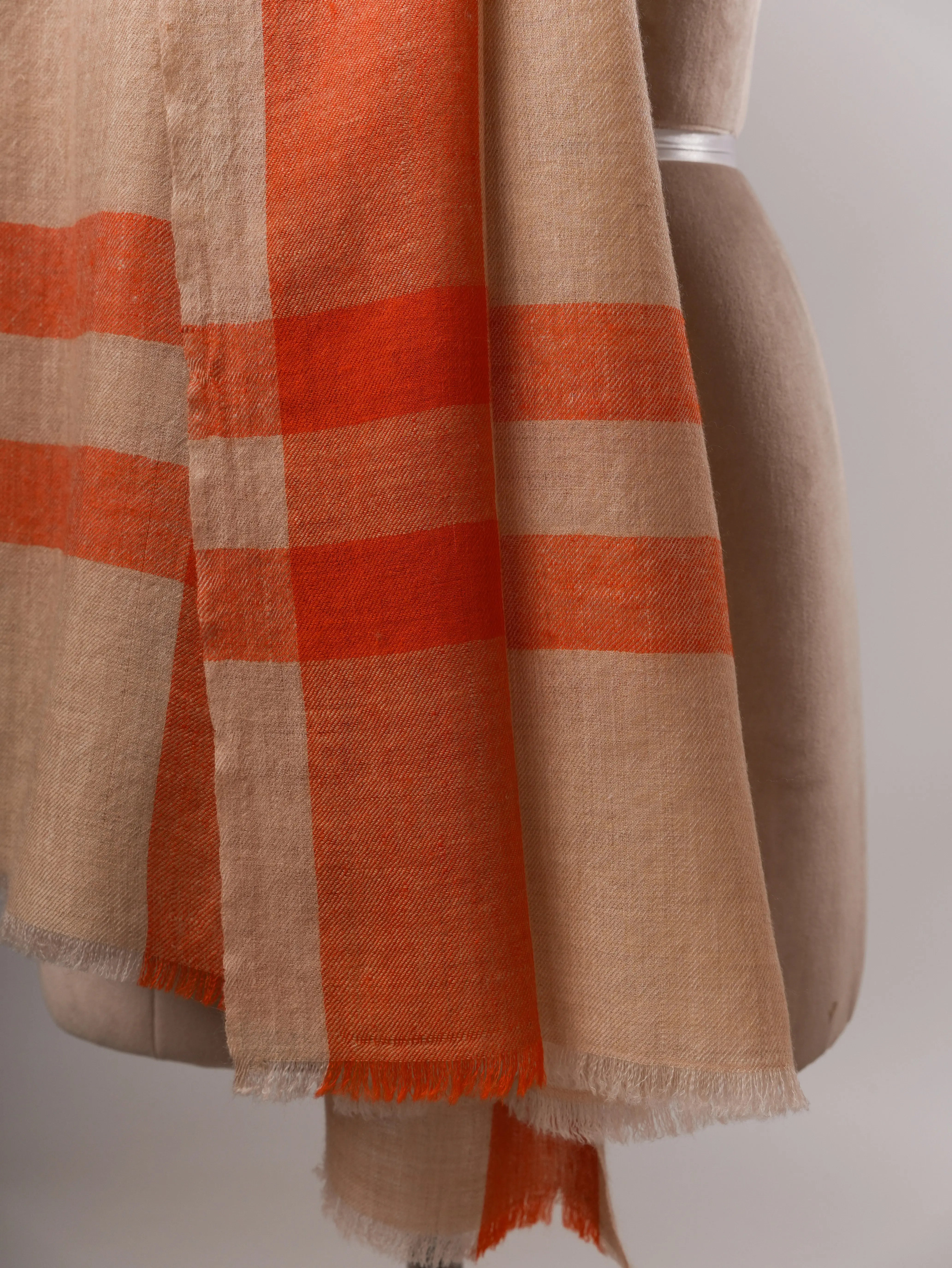 Handwoven Cream Pashmina Shawl with Subtle Orange Stripe Detail Shahkaar