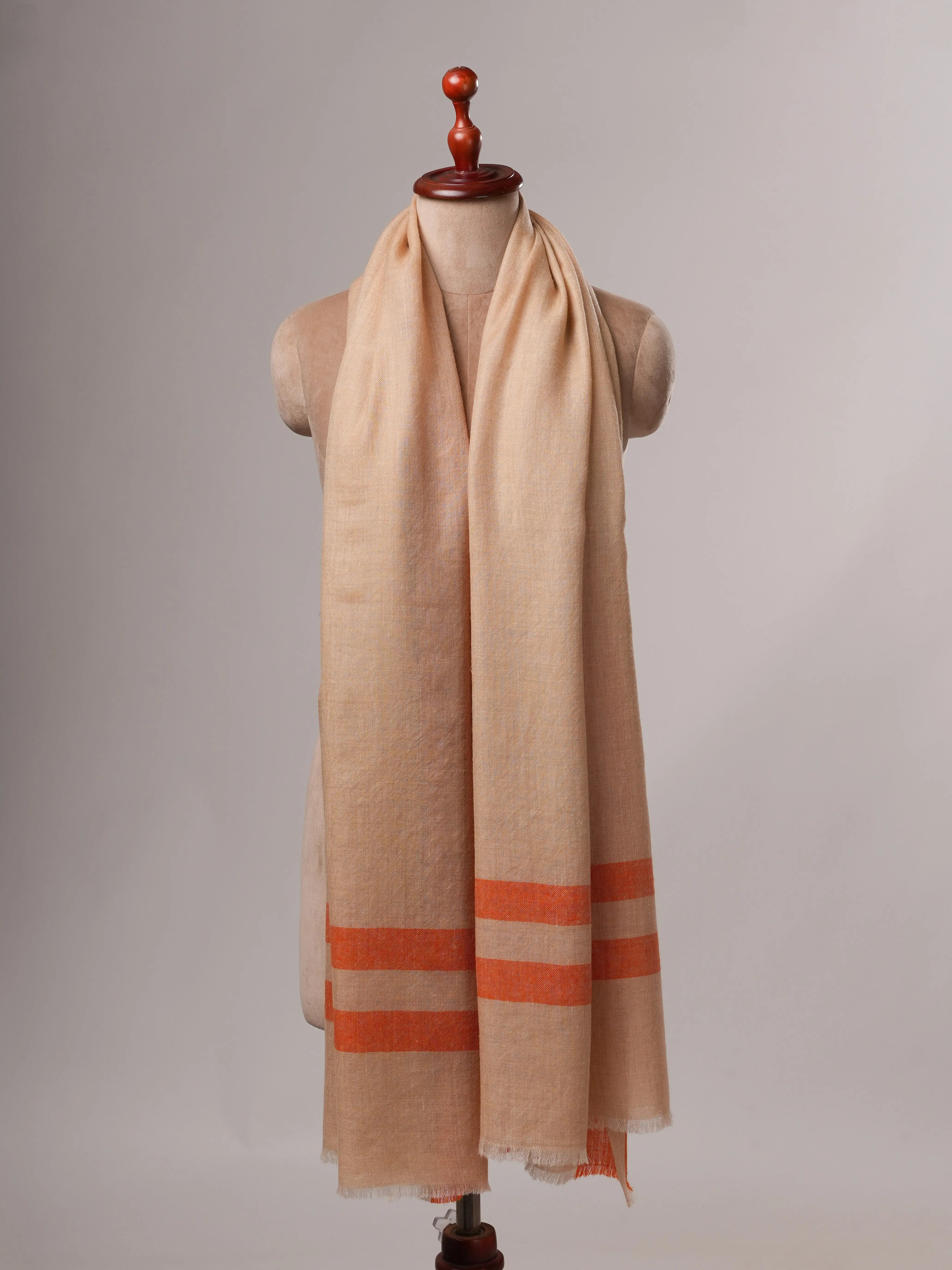 Handwoven Cream Pashmina Shawl with Subtle Orange Stripe Detail Shahkaar