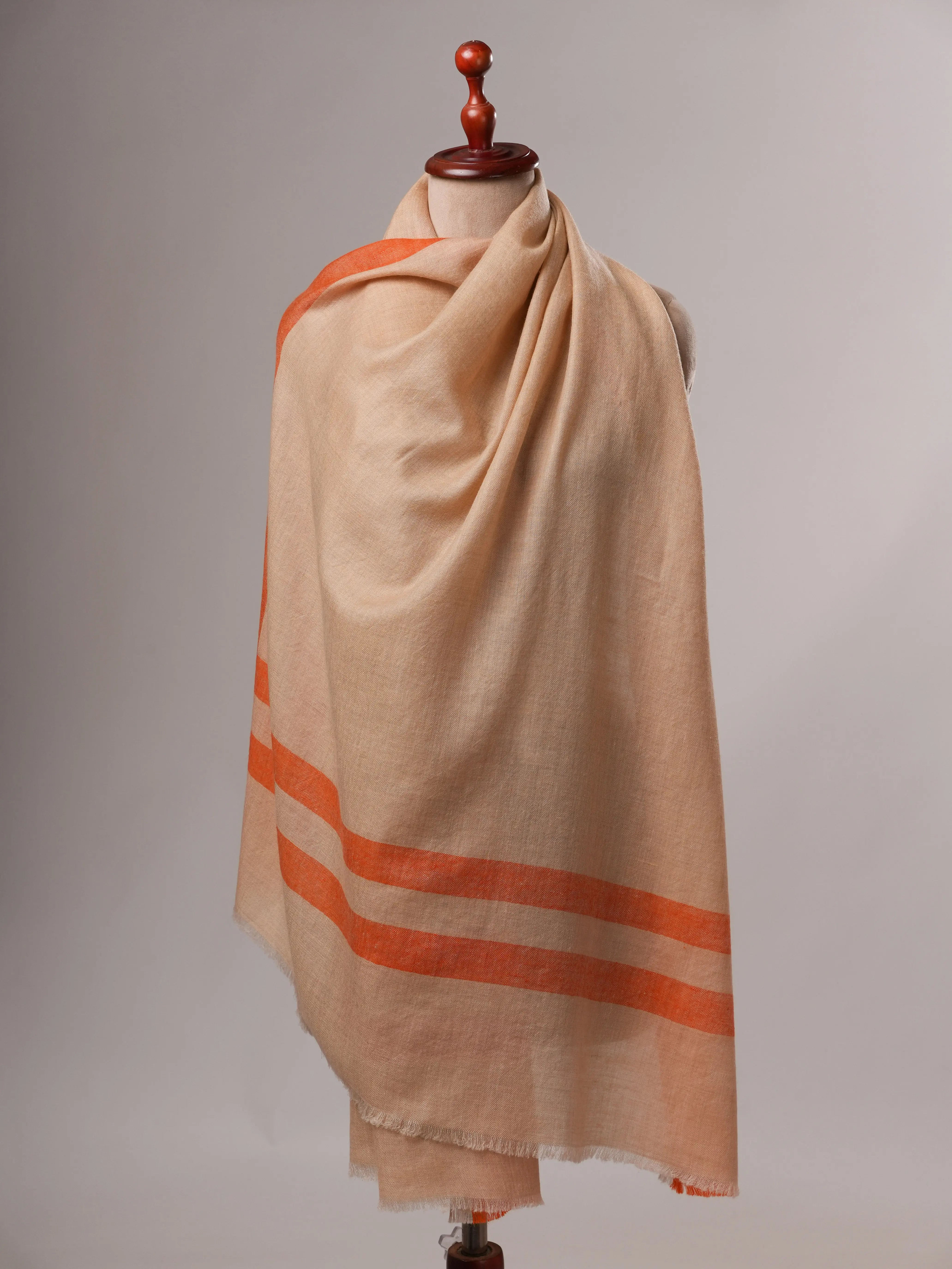 Handwoven Cream Pashmina Shawl with Subtle Orange Stripe Detail Shahkaar