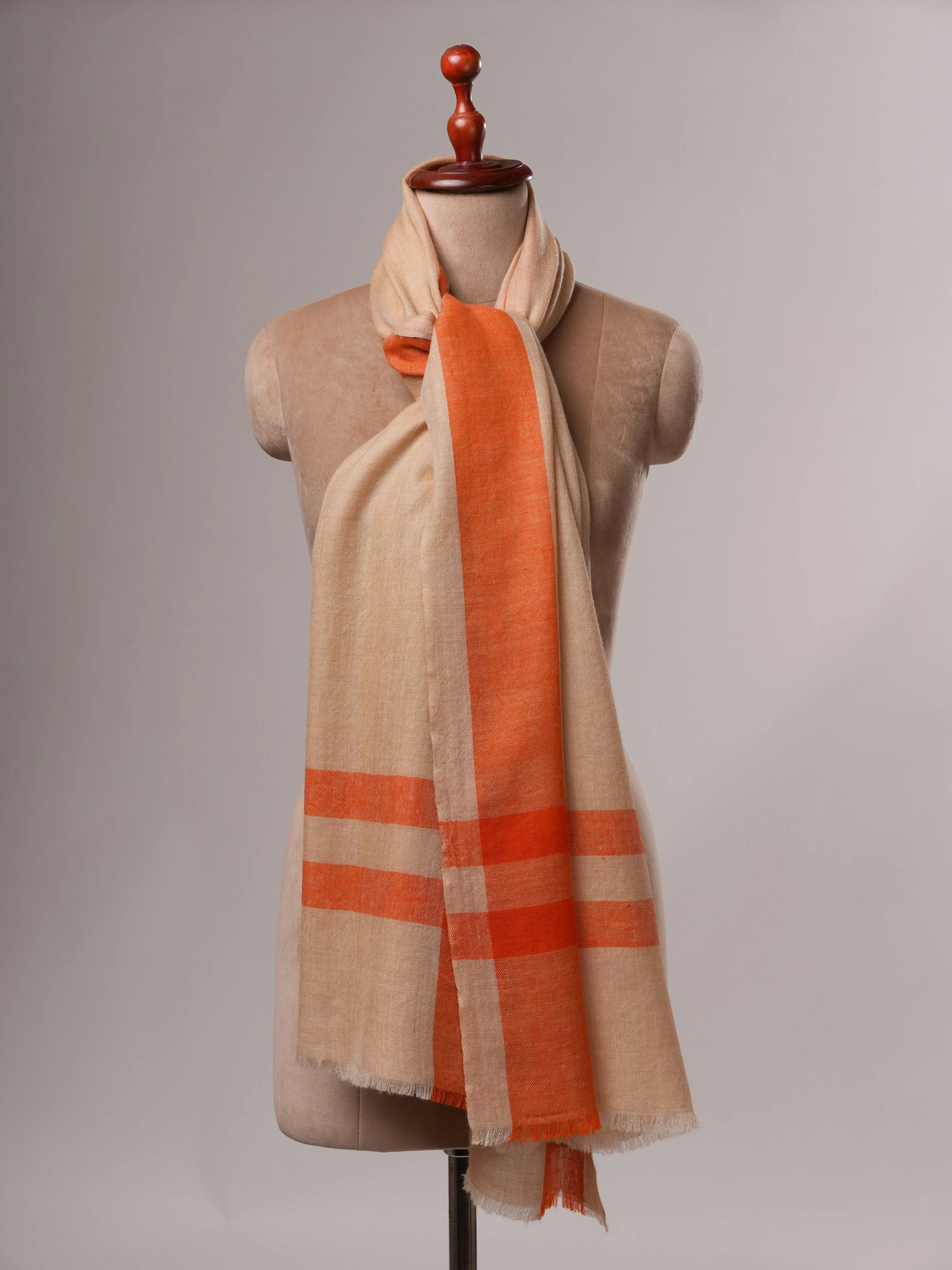 Handwoven Cream Pashmina Shawl with Subtle Orange Stripe Detail Shahkaar