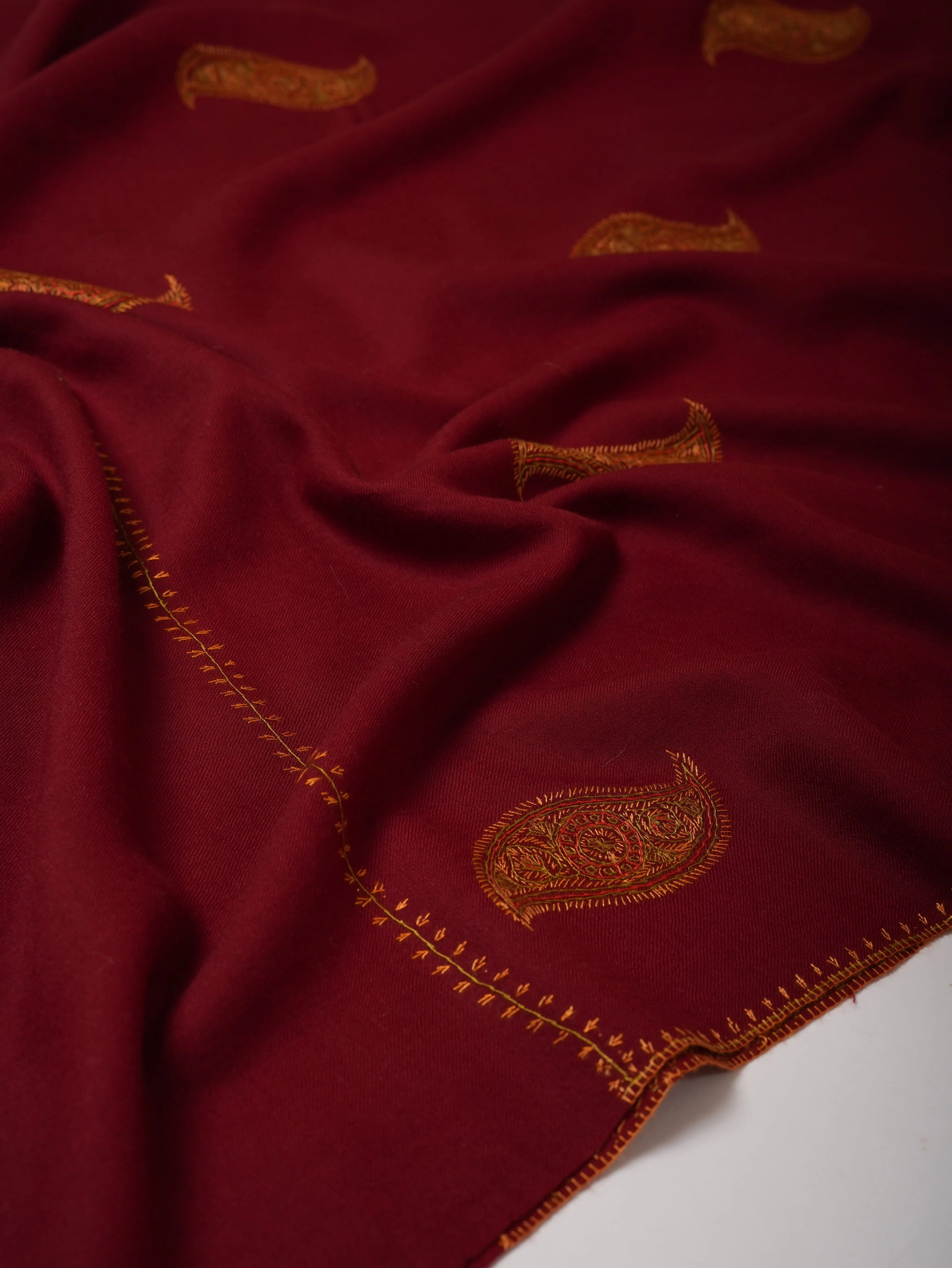 Hand-Embroidered Maroon Fine Wool Shawl with Buteh Motifs Shahkaar