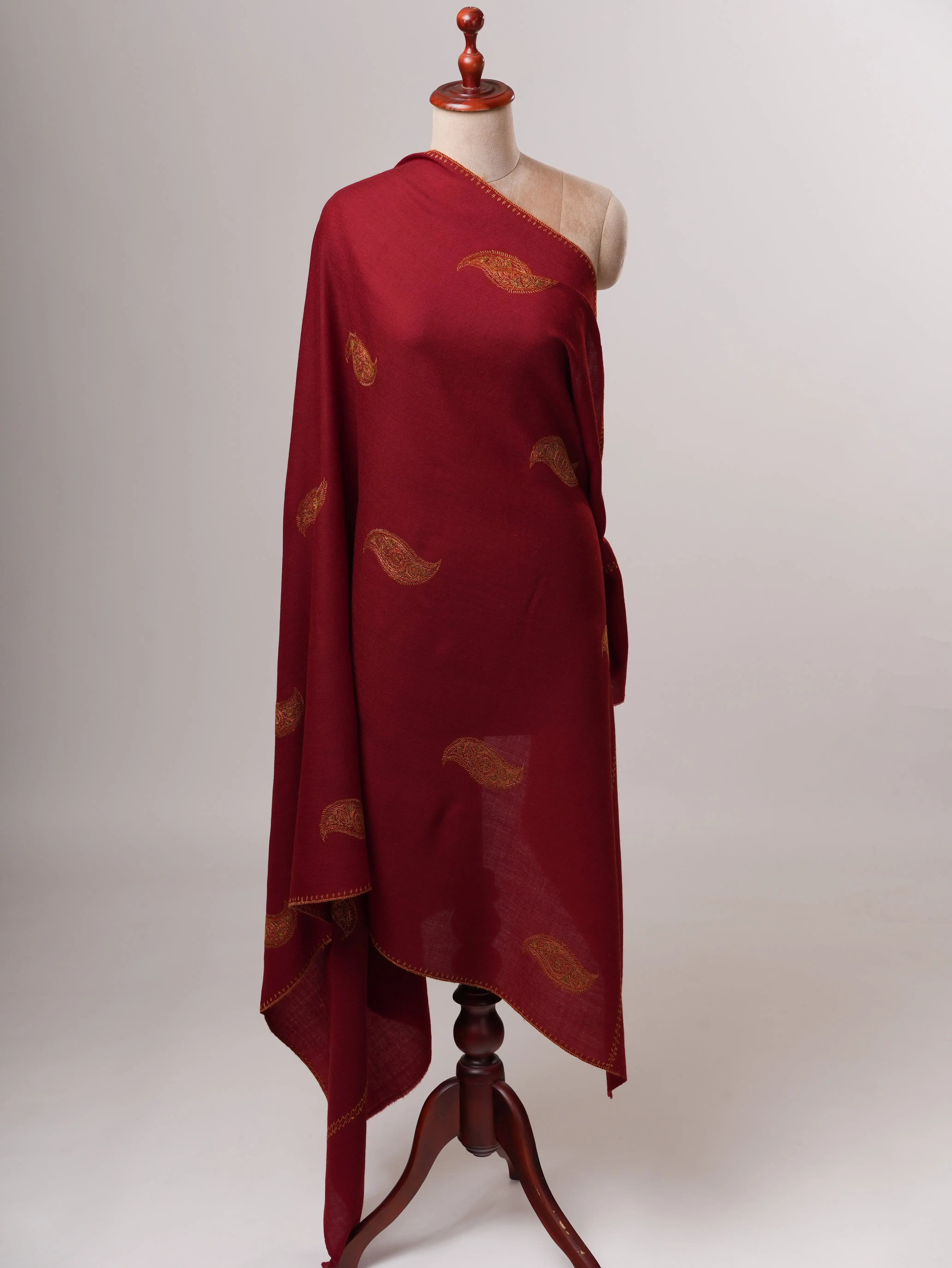 Hand-Embroidered Maroon Fine Wool Shawl with Buteh Motifs Shahkaar