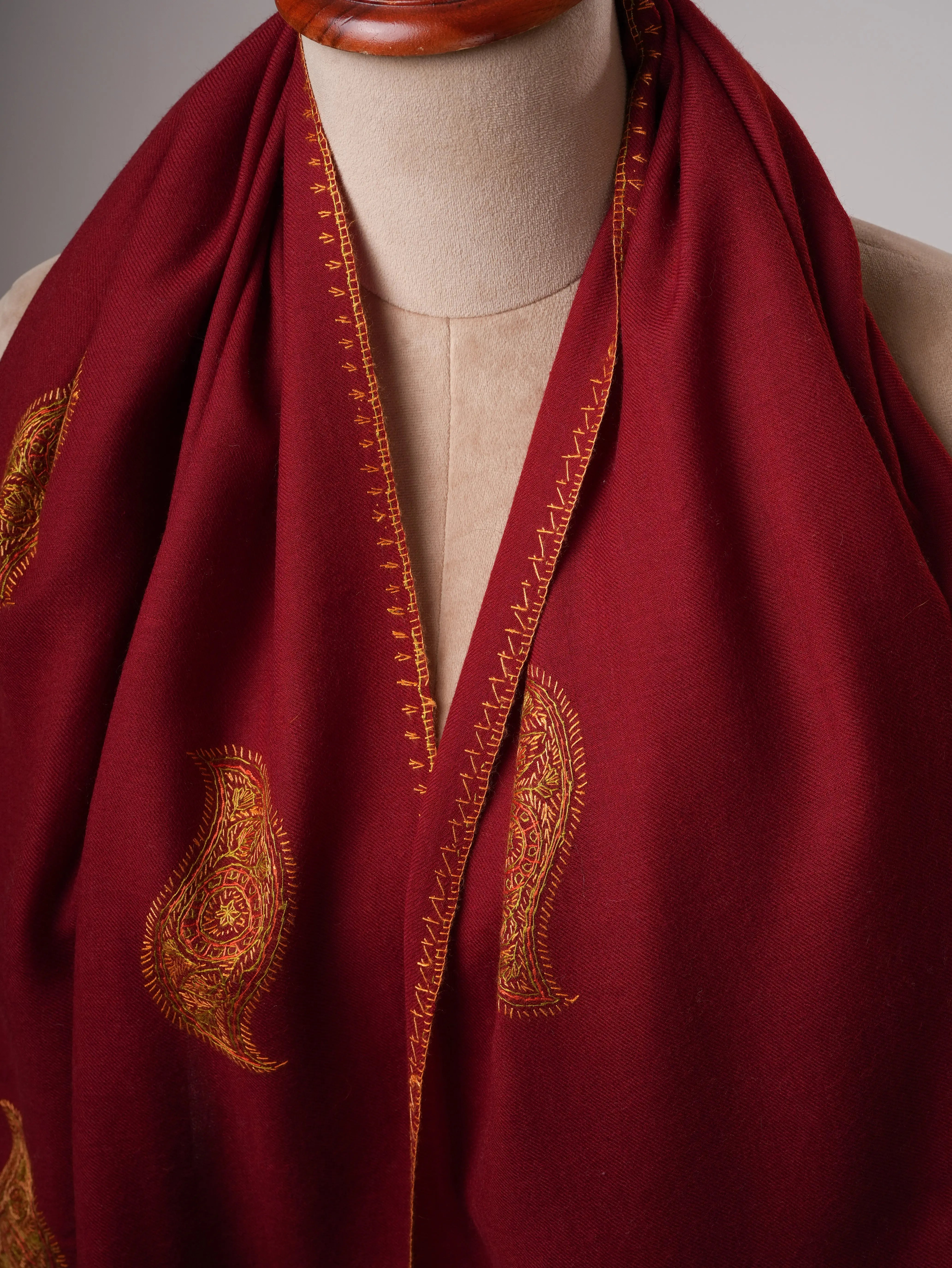 Hand-Embroidered Maroon Fine Wool Shawl with Buteh Motifs Shahkaar
