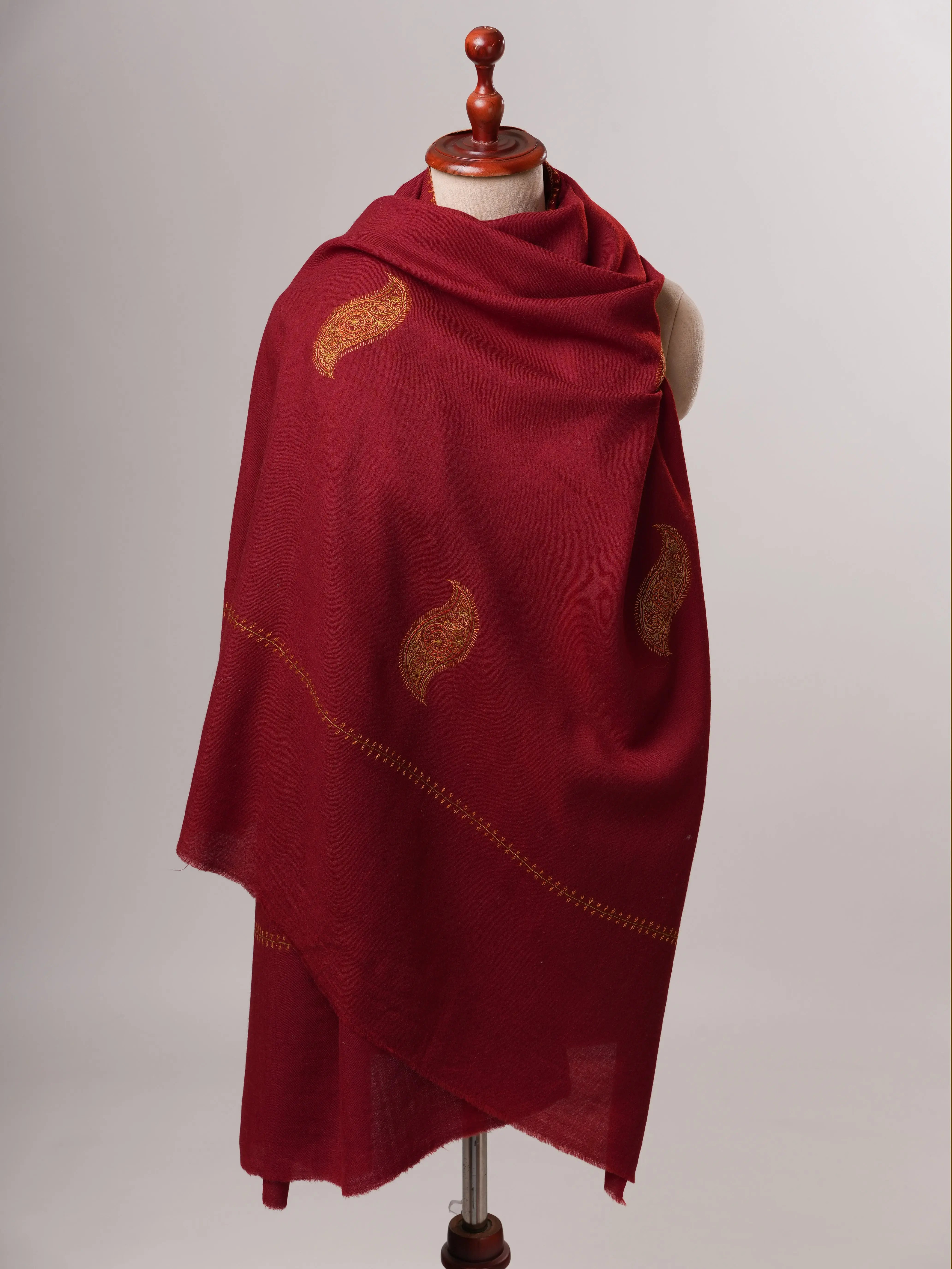 Hand-Embroidered Maroon Fine Wool Shawl with Buteh Motifs Shahkaar