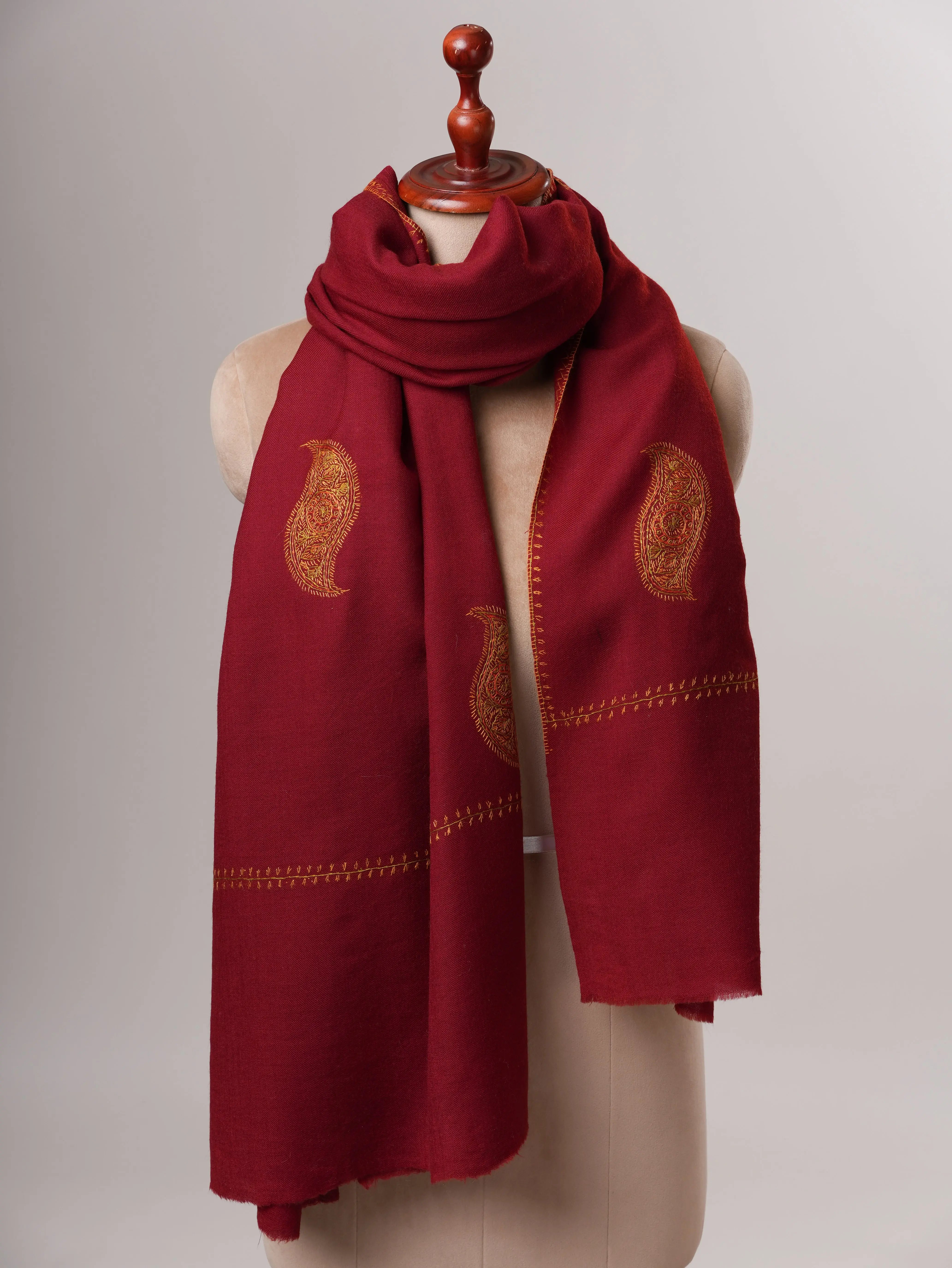 Hand-Embroidered Maroon Fine Wool Shawl with Buteh Motifs Shahkaar
