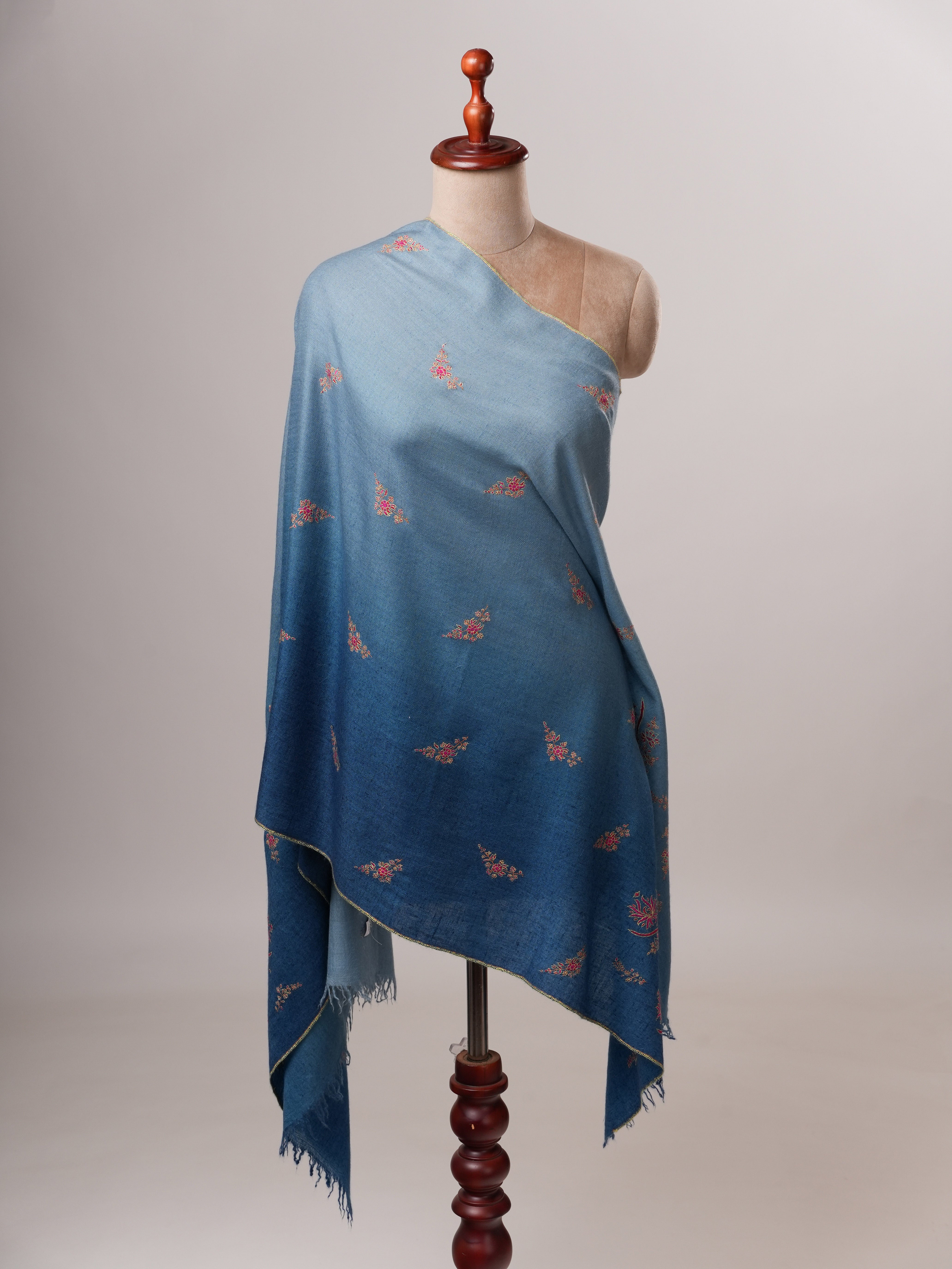 Luxurious Ombré Blue Cashmere Scarf with Palla and Buti Handwork Shahkaar
