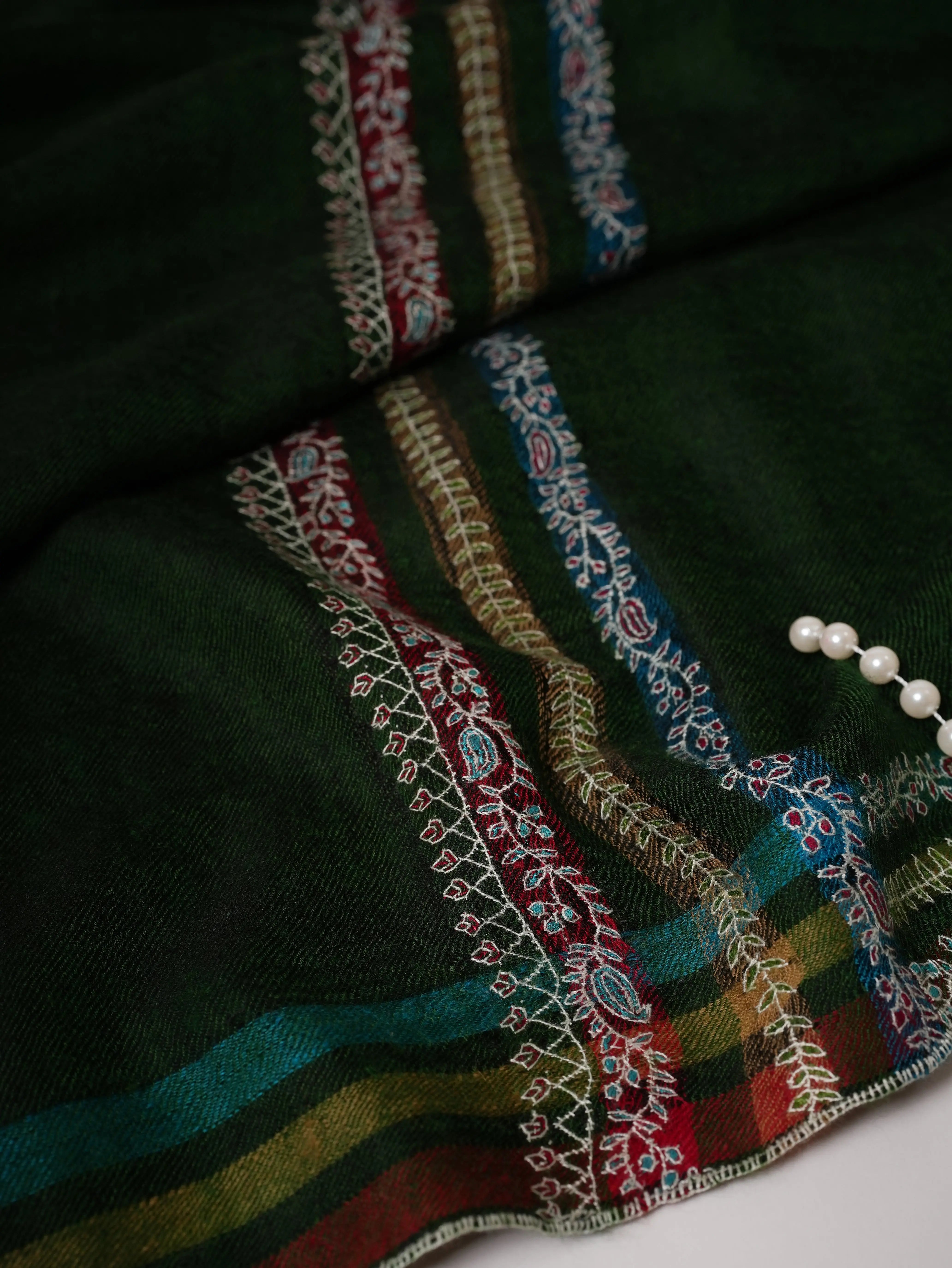 Hashia Embroidered Green Cashmere Scarf with Border Hashia Embroidery Shahkaar