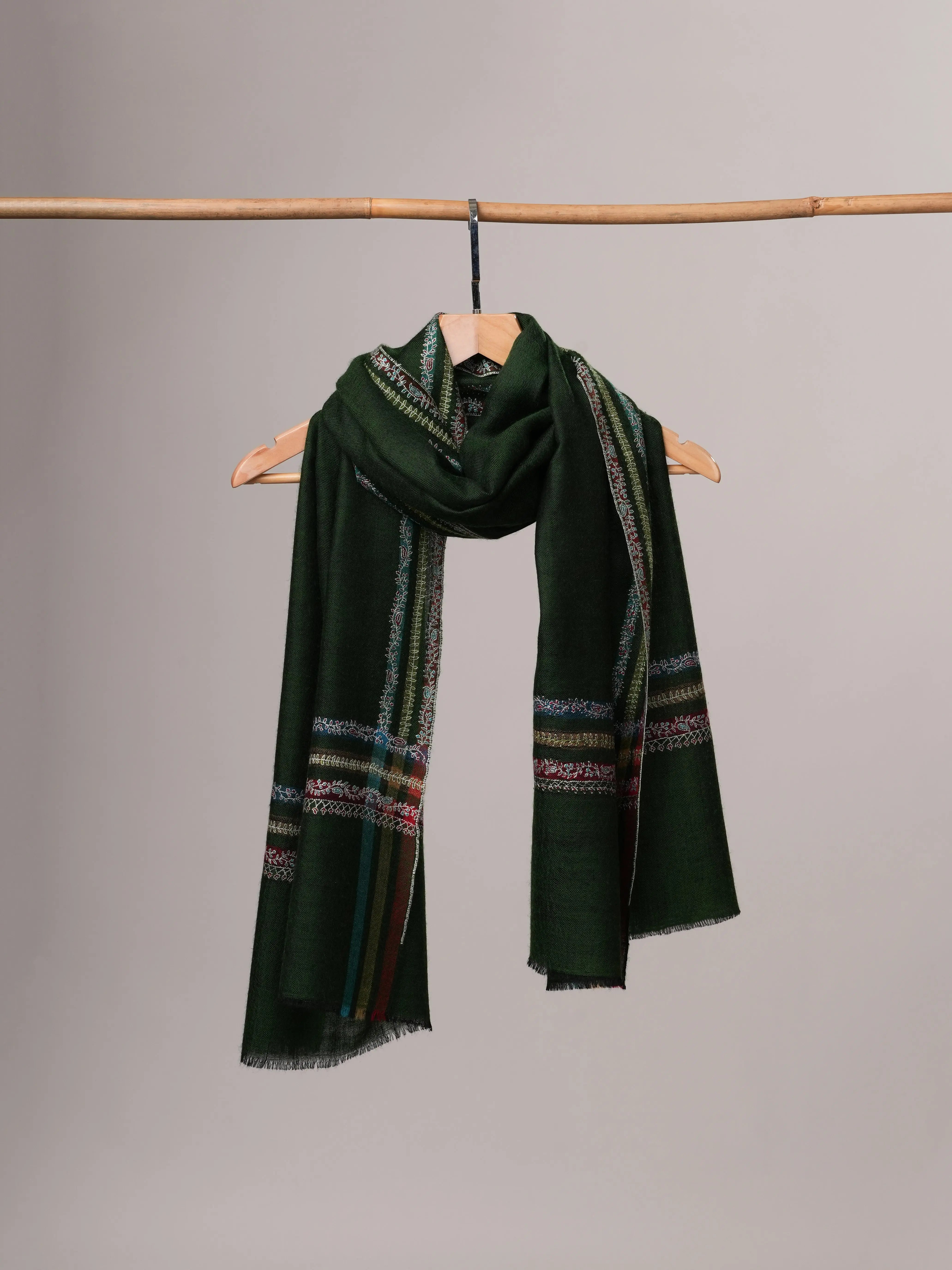 Hashia Embroidered Green Cashmere Scarf with Border Hashia Embroidery Shahkaar