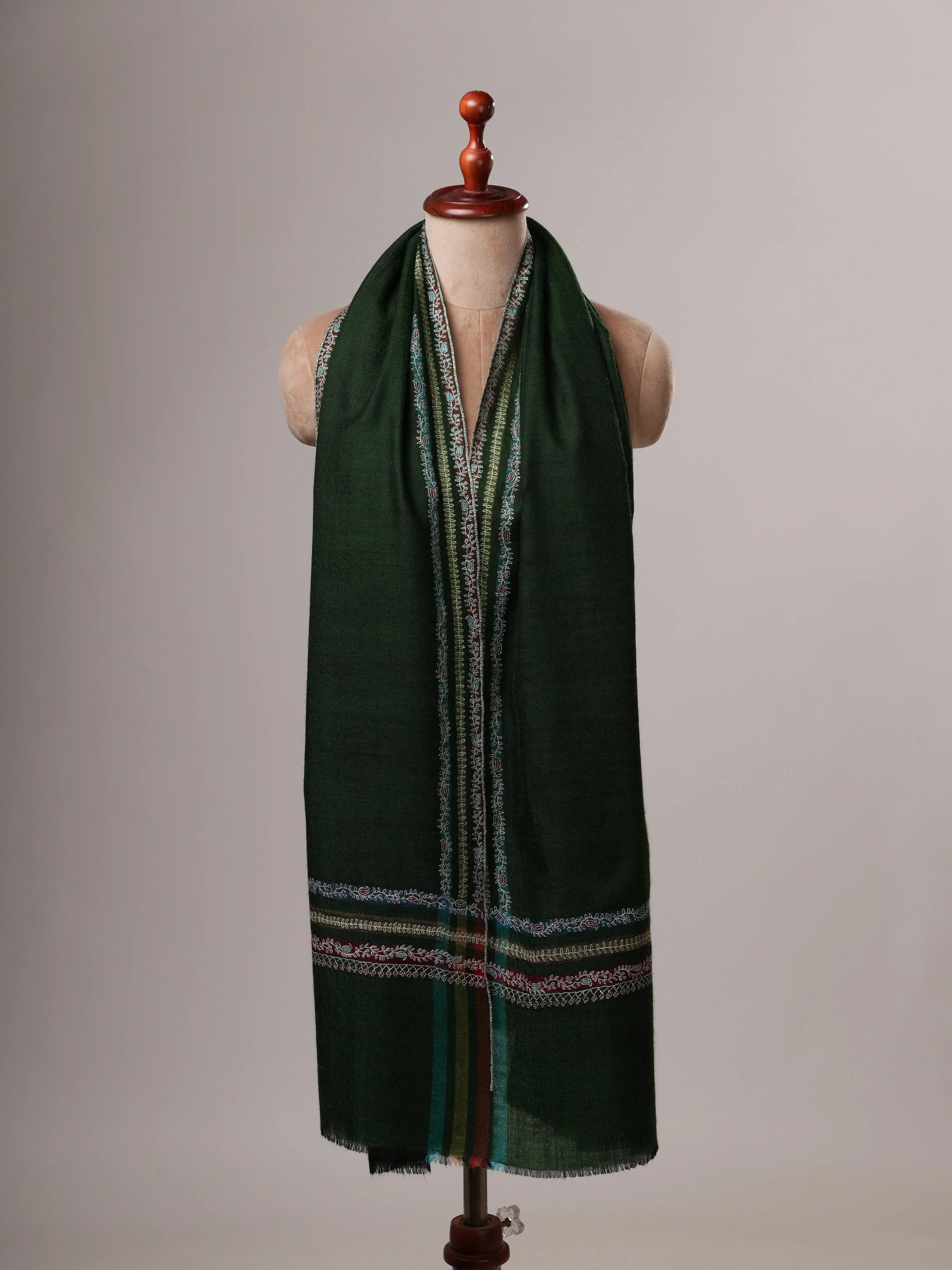 Hashia Embroidered Green Cashmere Scarf with Border Hashia Embroidery Shahkaar