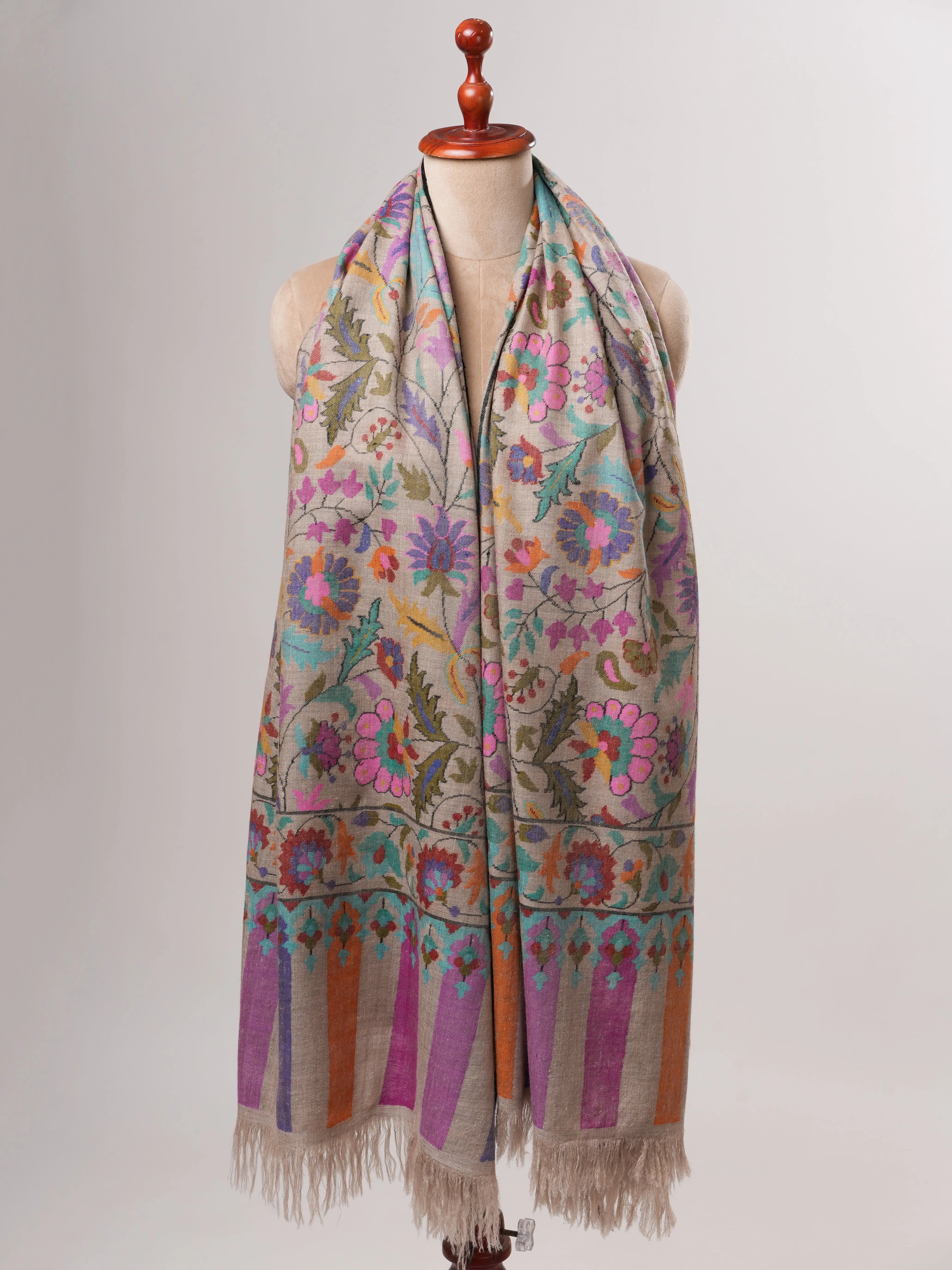 Natural Grey Pure Kashmiri Kani Pashmina Shawl with Detailed Motifs Shahkaar