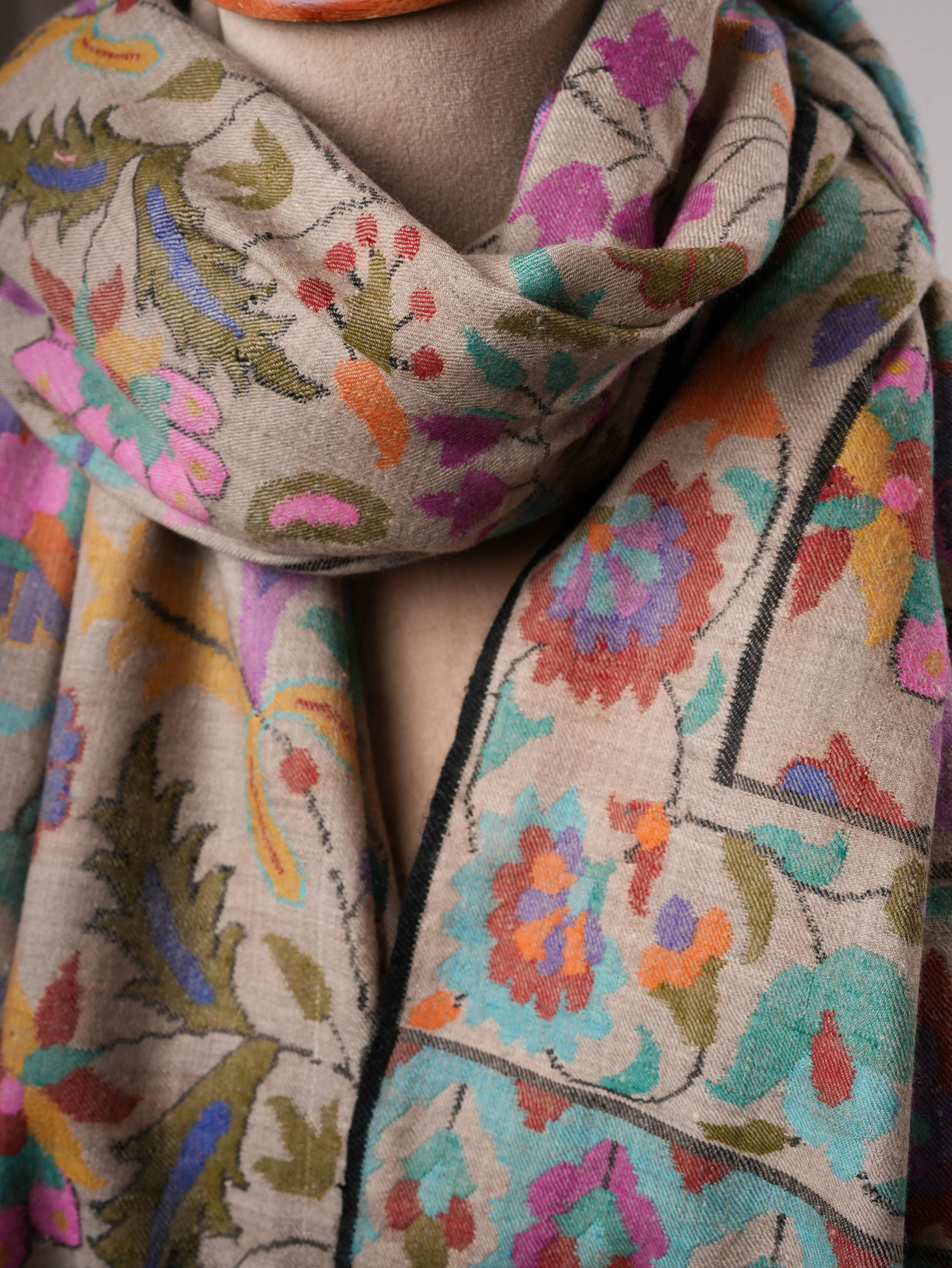 Natural Grey Pure Kashmiri Kani Pashmina Shawl with Detailed Motifs Shahkaar