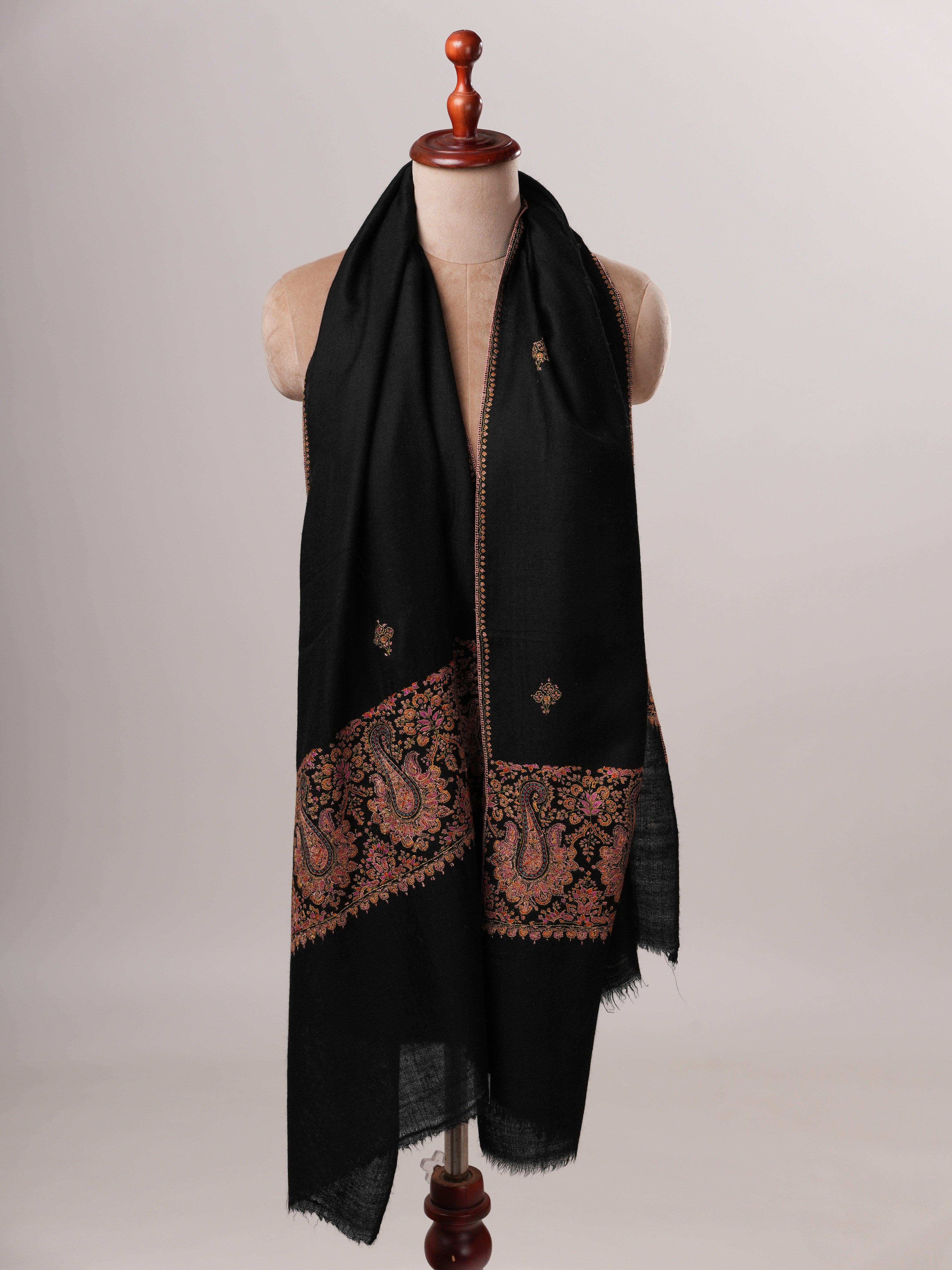 Handwoven Black Cashmere Scarf with Paisley Palla Embroidery Shahkaar