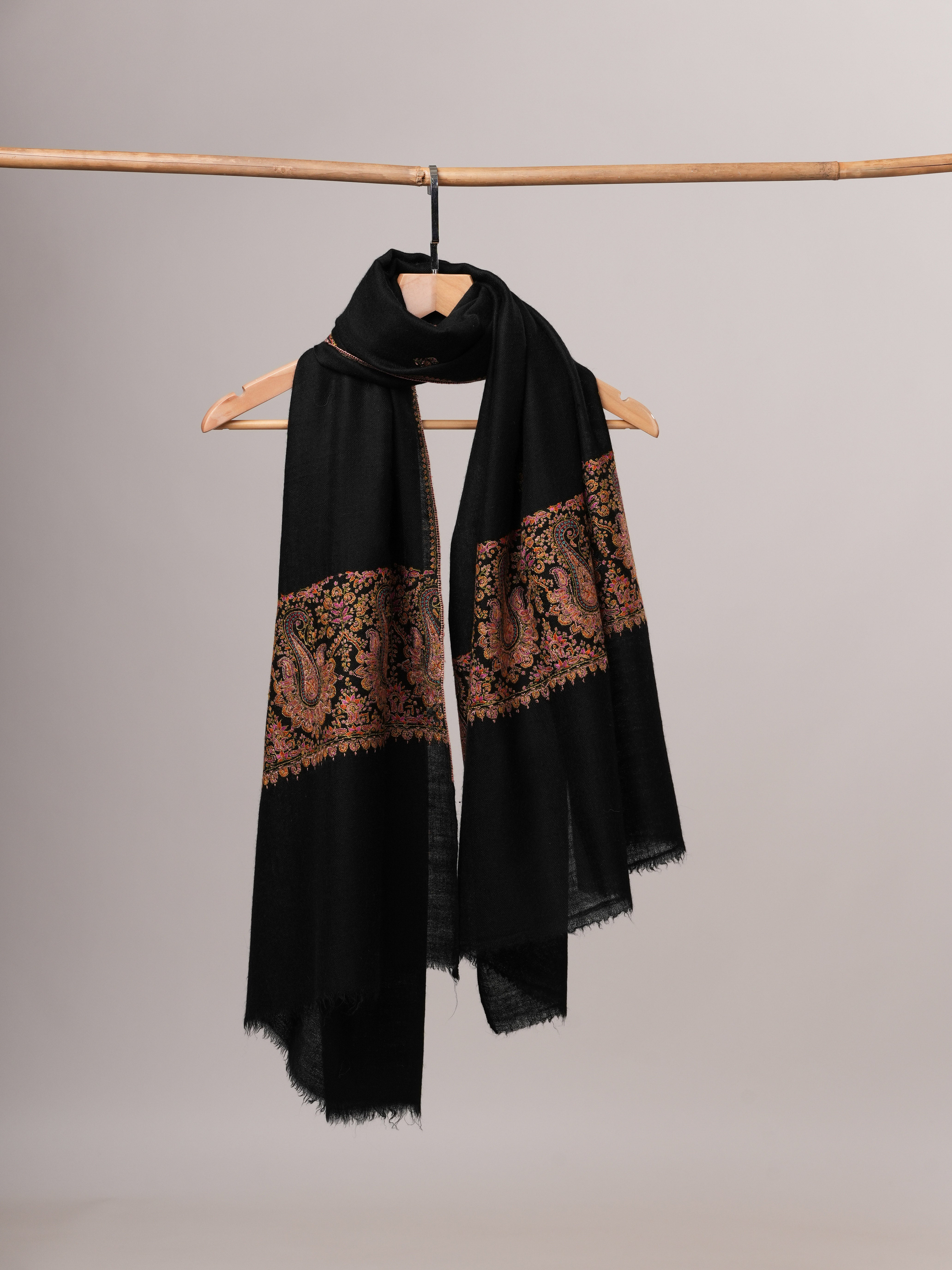 Handwoven Black Cashmere Scarf with Paisley Palla Embroidery Shahkaar