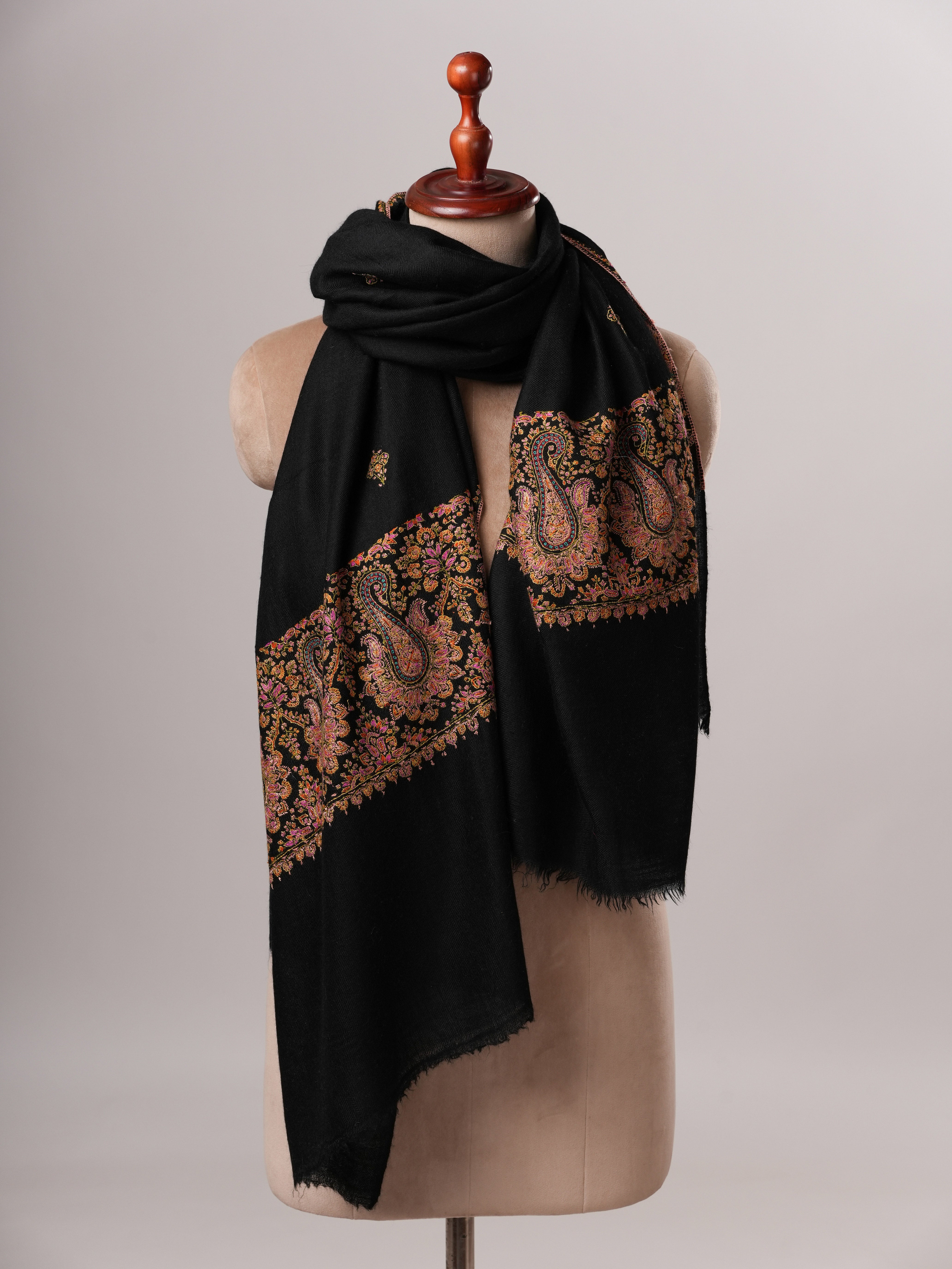 Handwoven Black Cashmere Scarf with Paisley Palla Embroidery Shahkaar