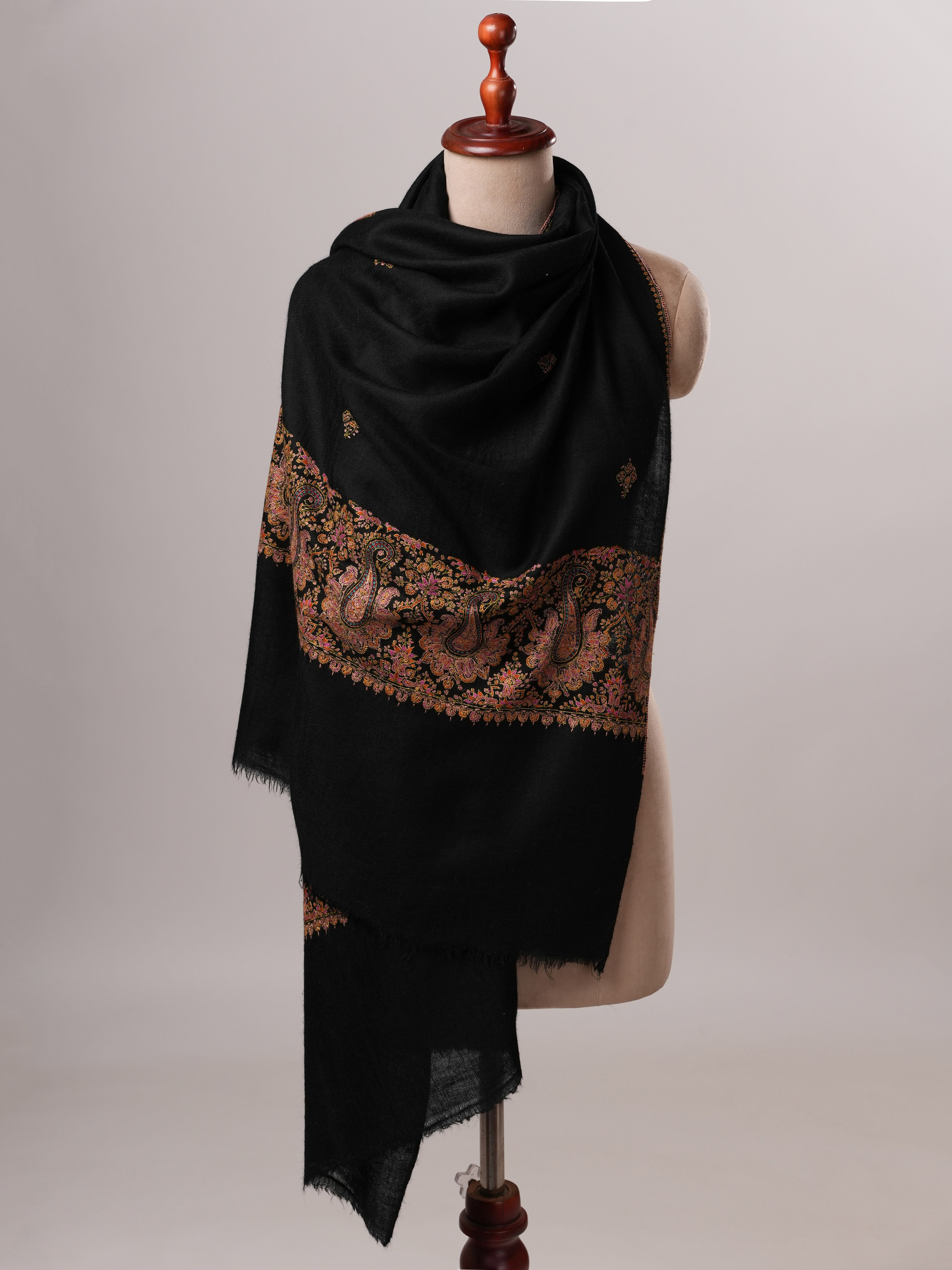 Handwoven Black Cashmere Scarf with Paisley Palla Embroidery Shahkaar